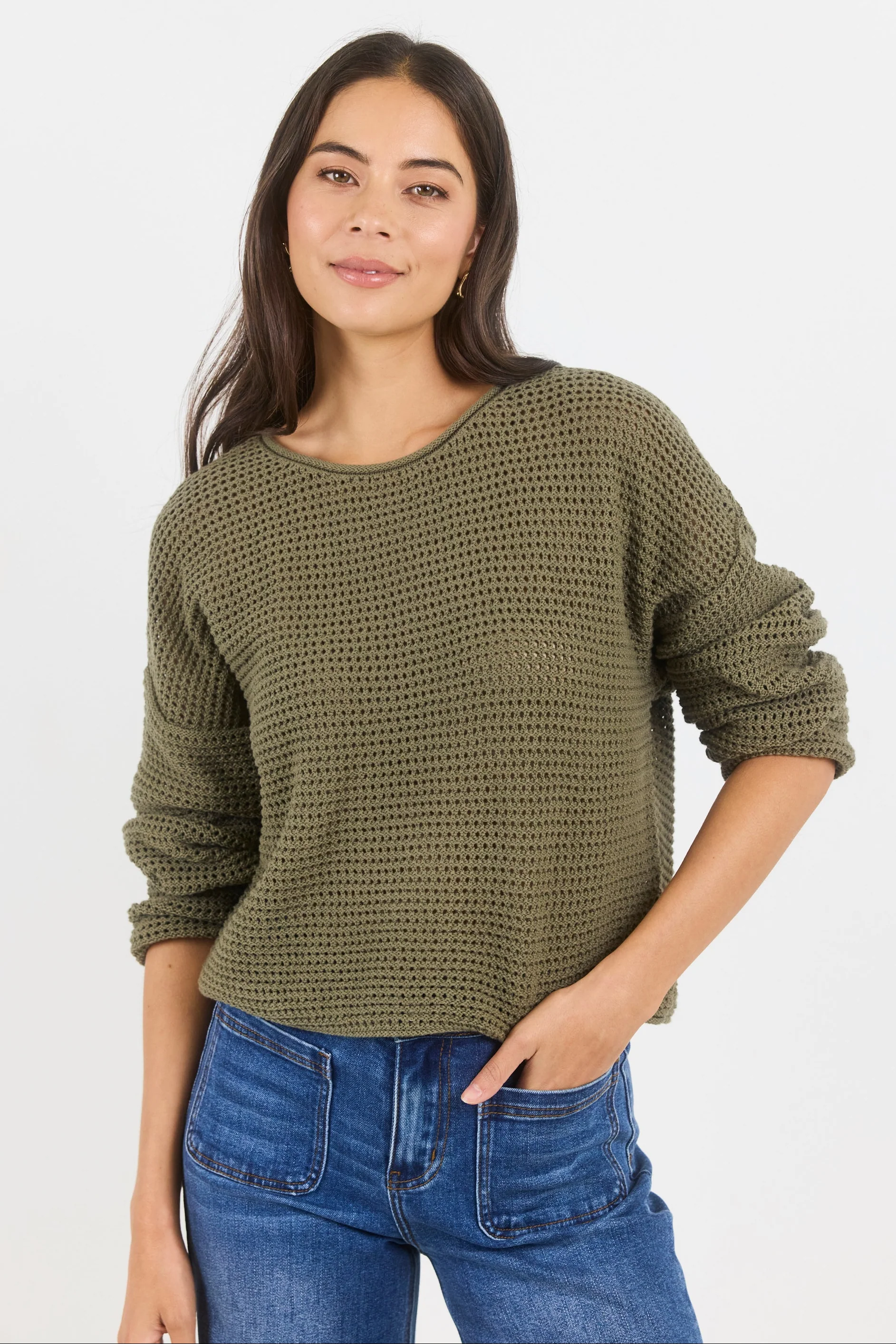 Dawn Soft Khaki Crochet Knit Jumper