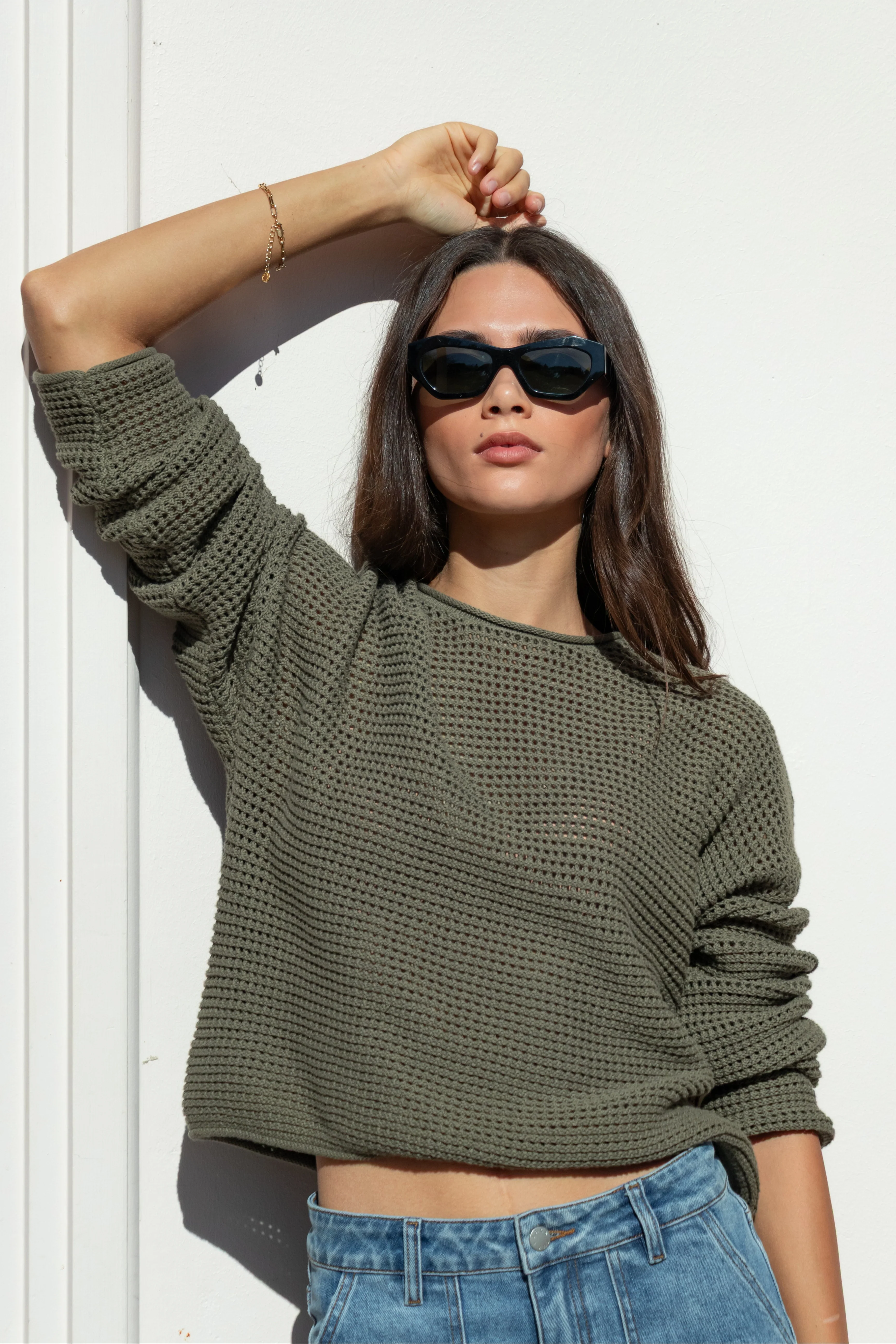 Dawn Soft Khaki Crochet Knit Jumper - Image 2