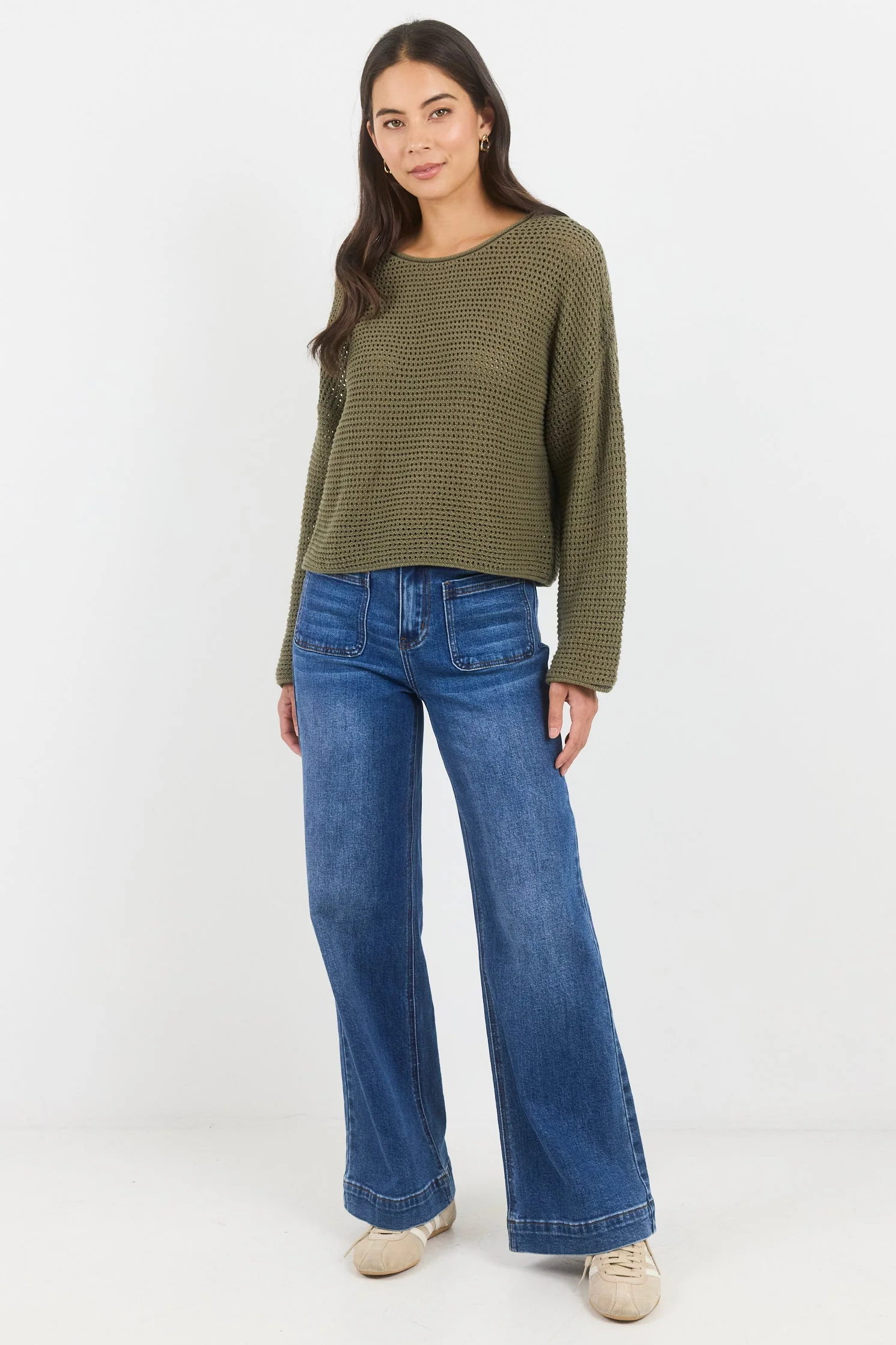 Dawn Soft Khaki Crochet Knit Jumper - Image 4