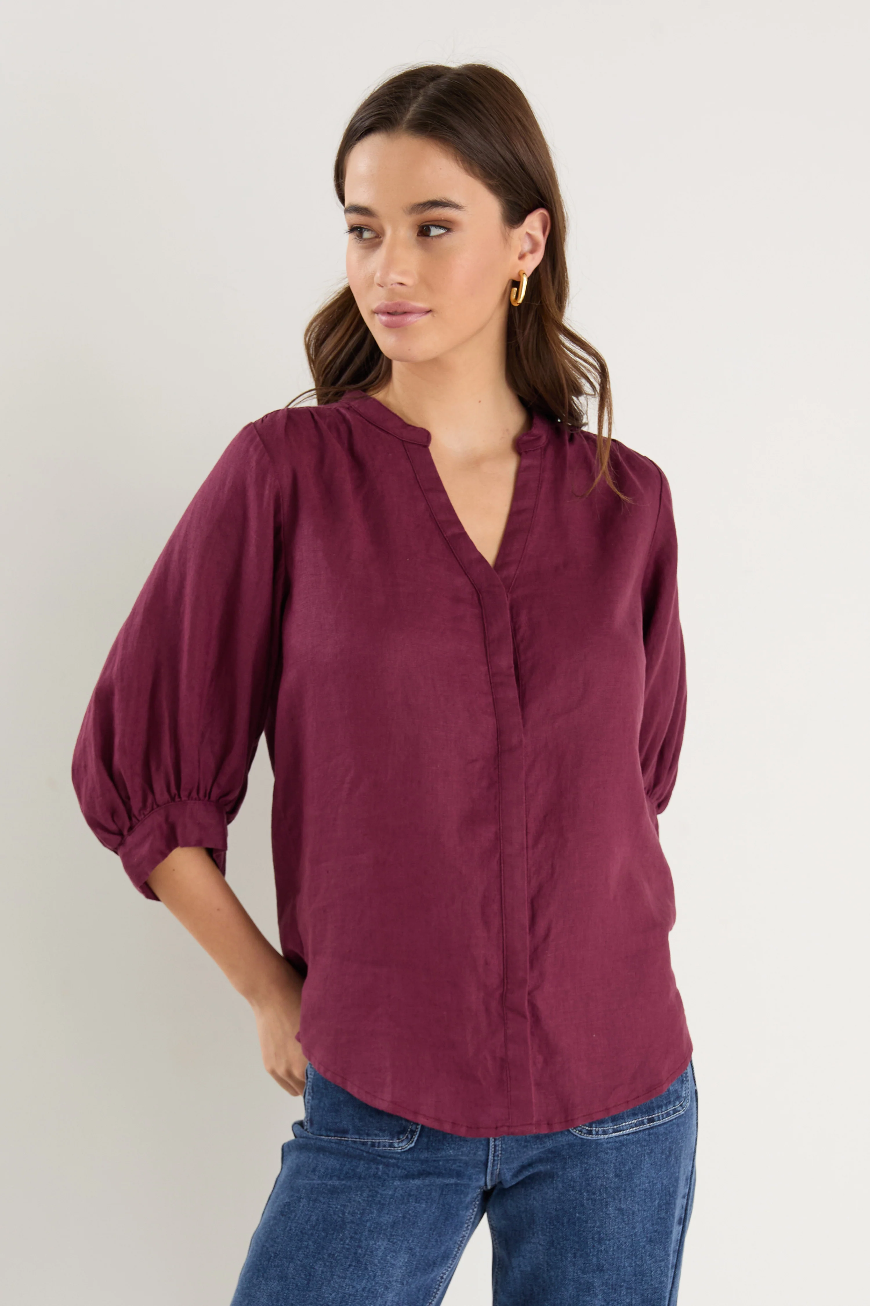 Deity Burgundy Plum Linen Button Through Puff Sleeve Ss Blouse