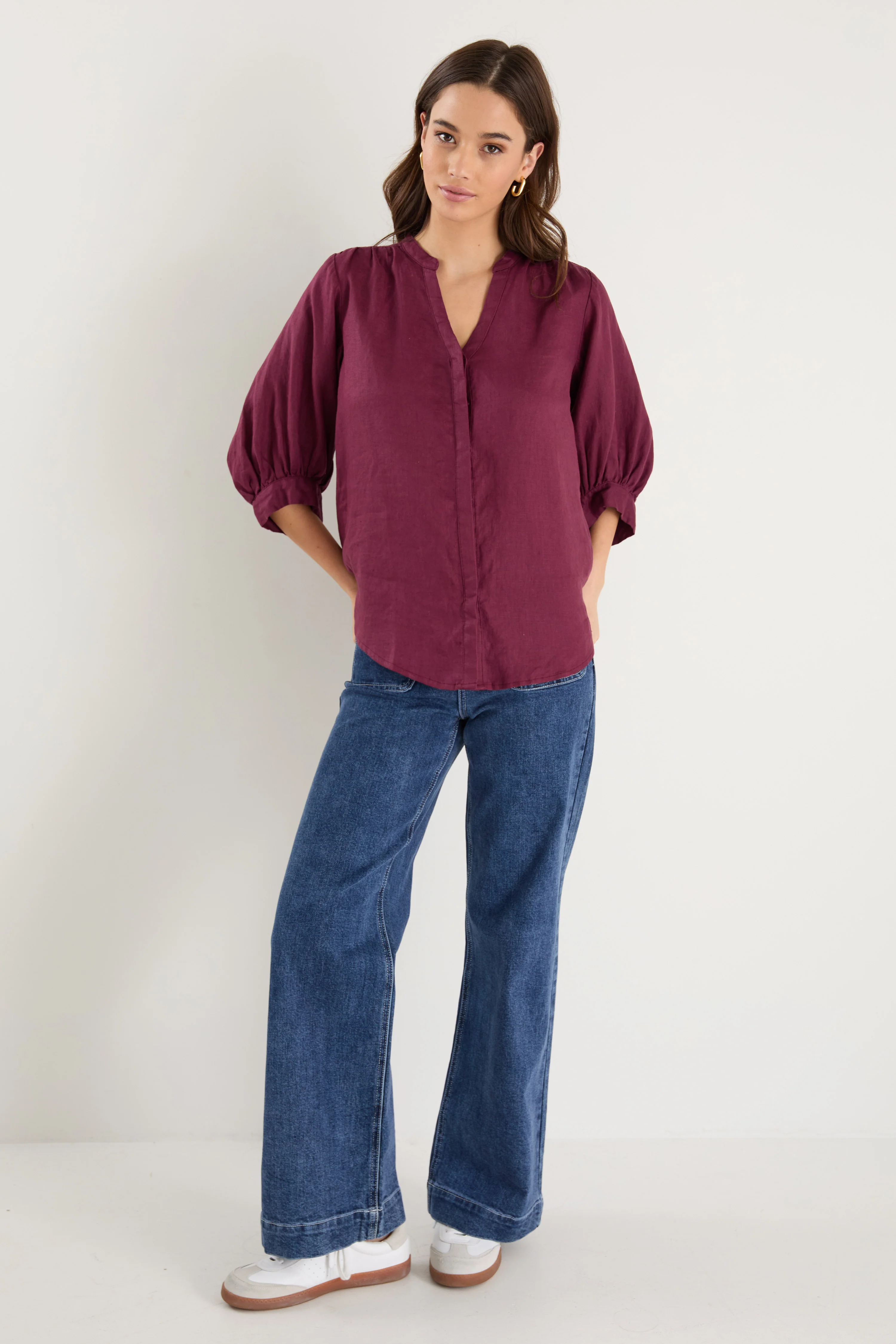 Deity Burgundy Plum Linen Button Through Puff Sleeve Ss Blouse - Image 2