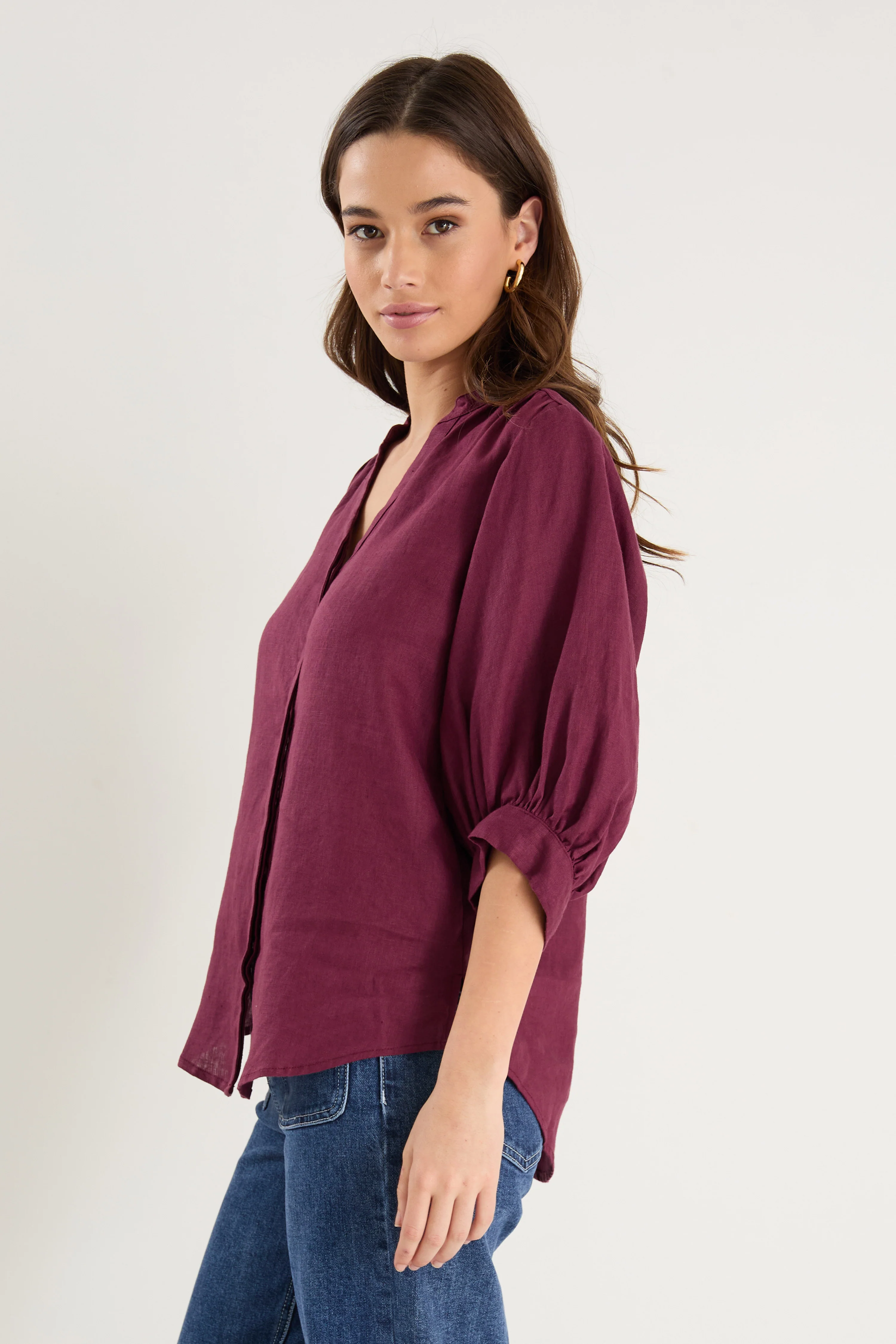 Deity Burgundy Plum Linen Button Through Puff Sleeve Ss Blouse - Image 3