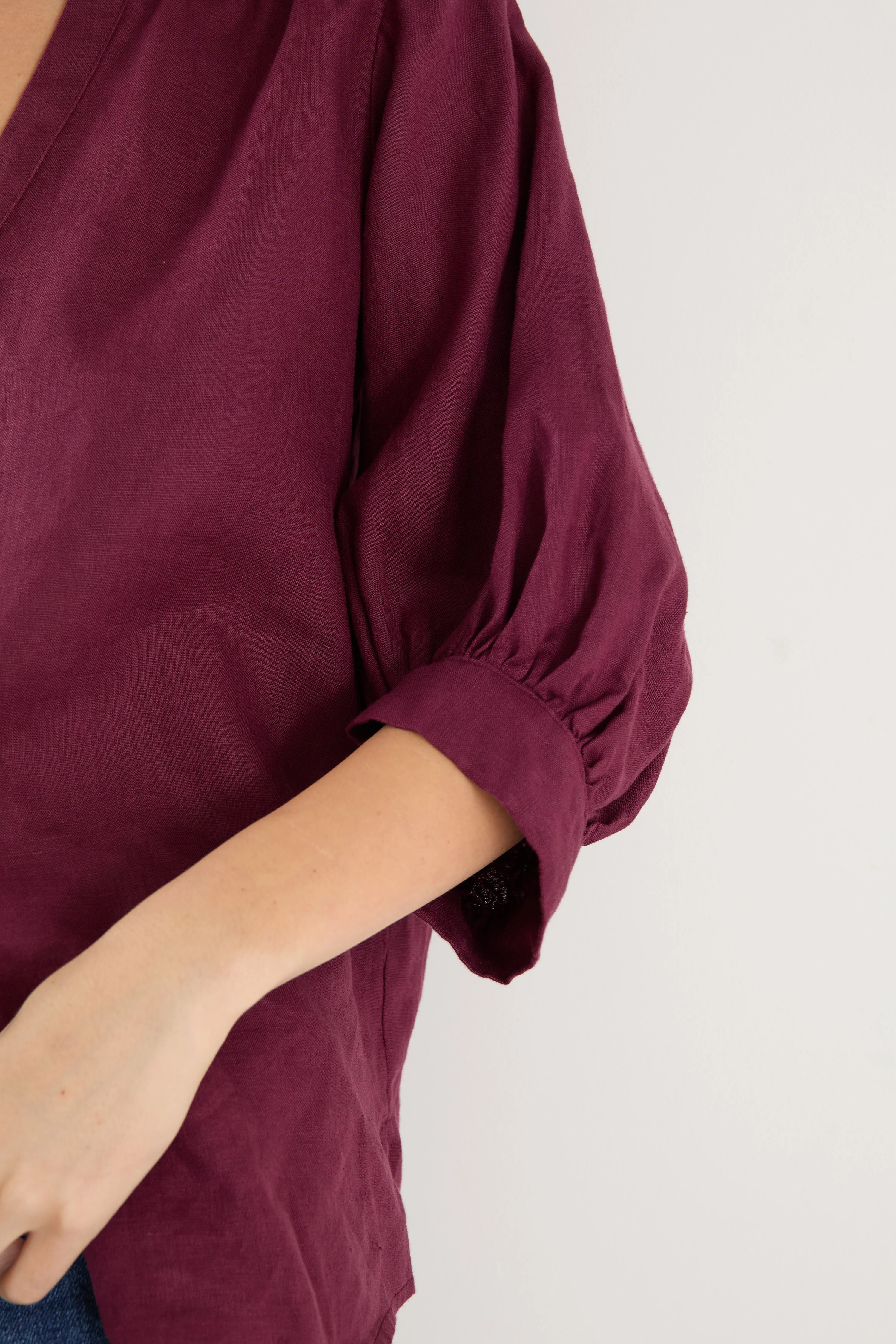 Deity Burgundy Plum Linen Button Through Puff Sleeve Ss Blouse - Image 4