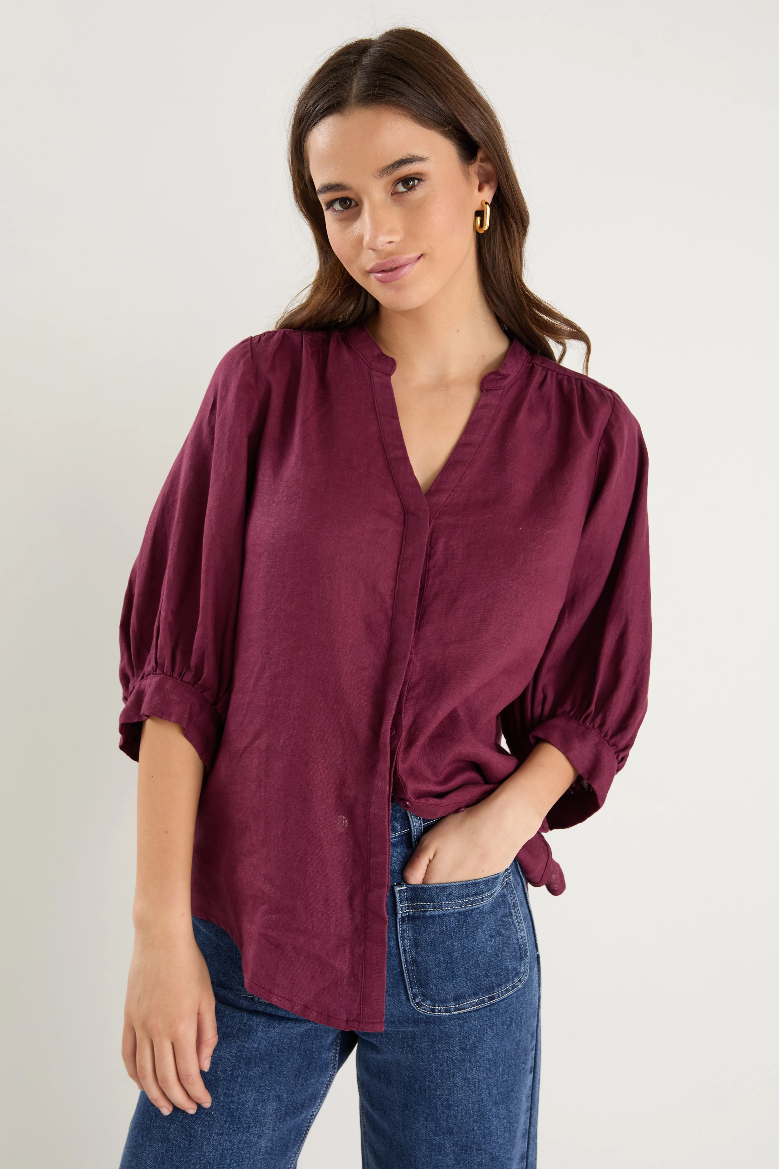 Deity Burgundy Plum Linen Button Through Puff Sleeve Ss Blouse - Image 5