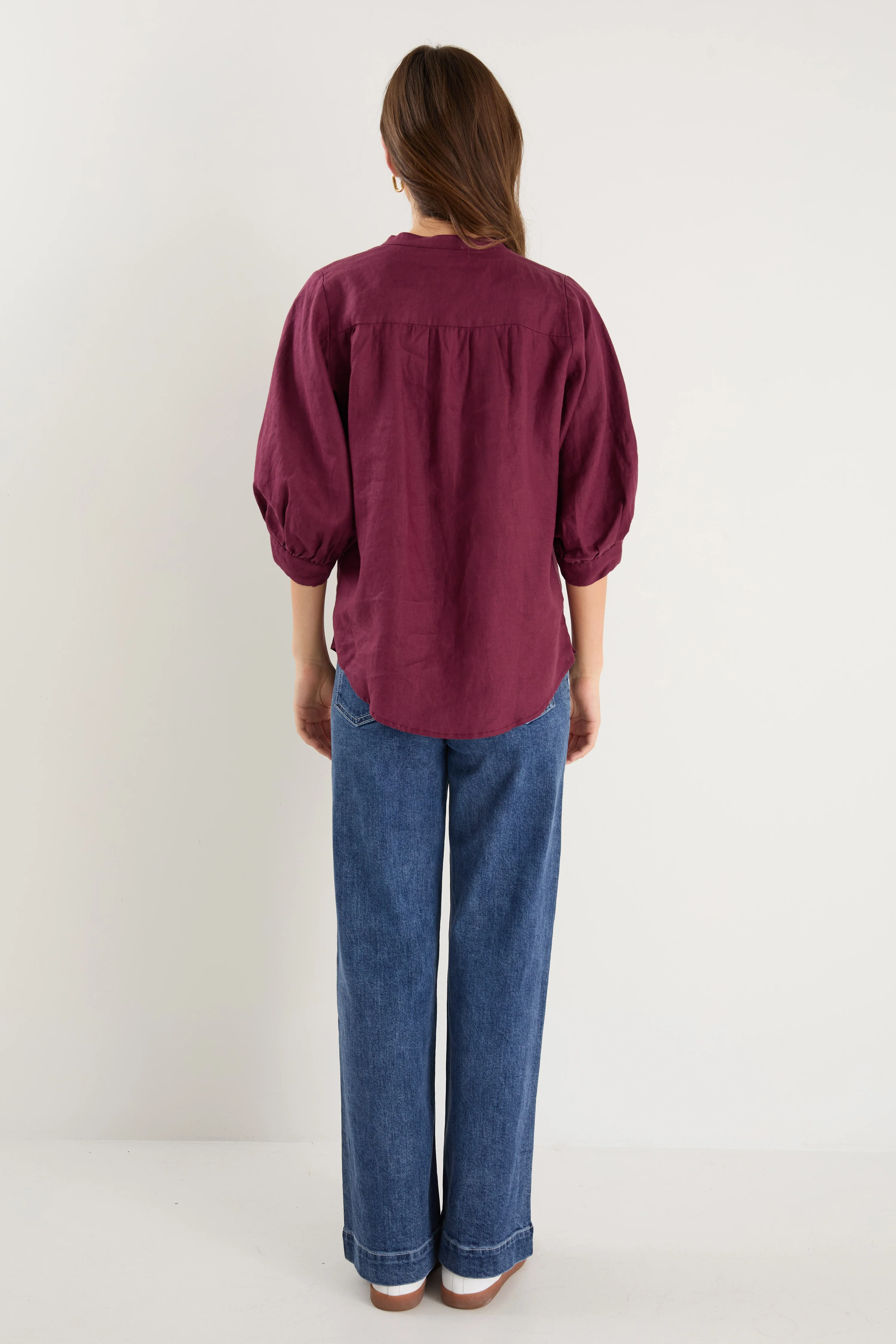 Deity Burgundy Plum Linen Button Through Puff Sleeve Ss Blouse - Image 6