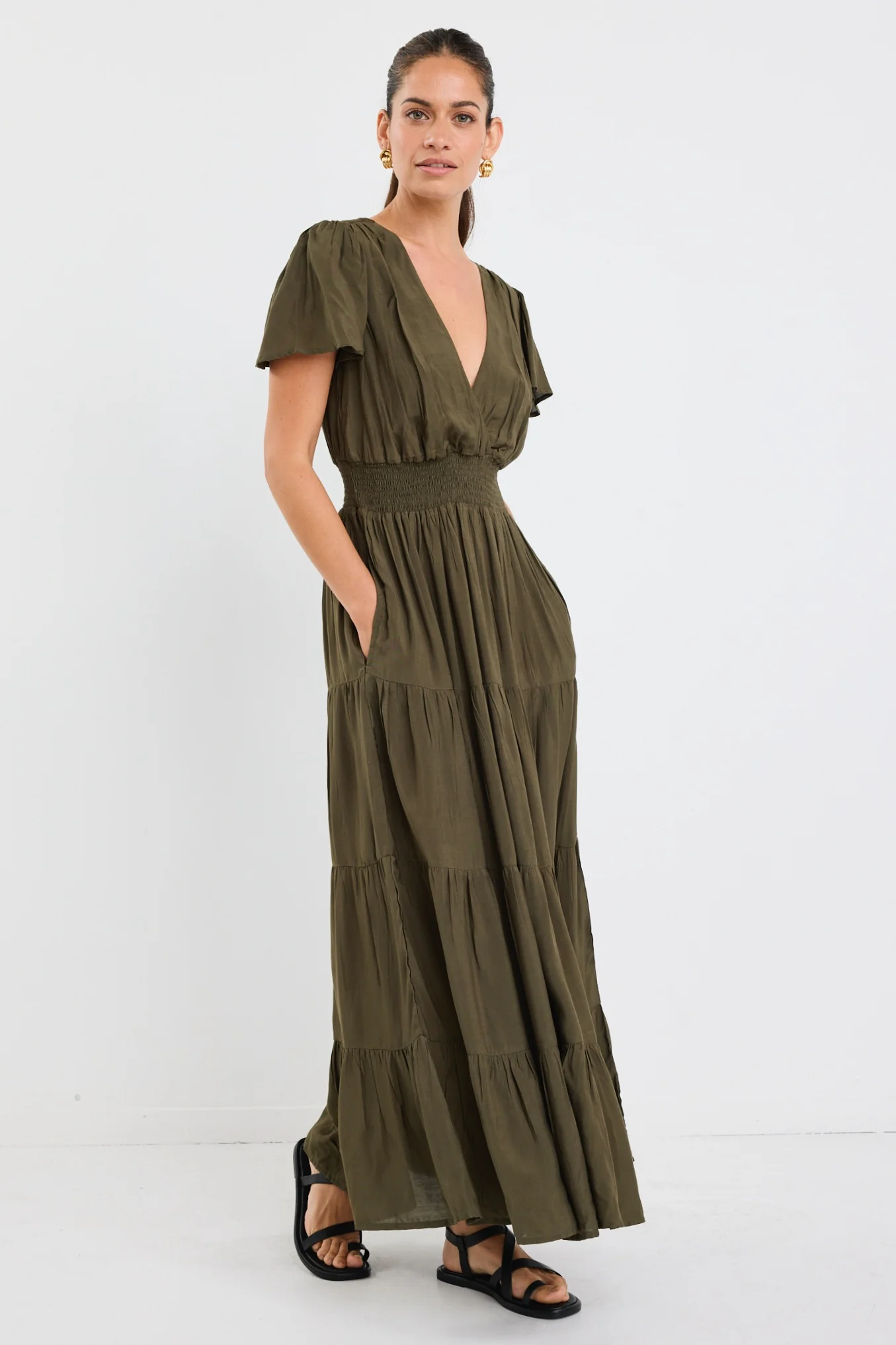 Devotion Olive Floaty SS Tiered Maxi Dress - Image 2