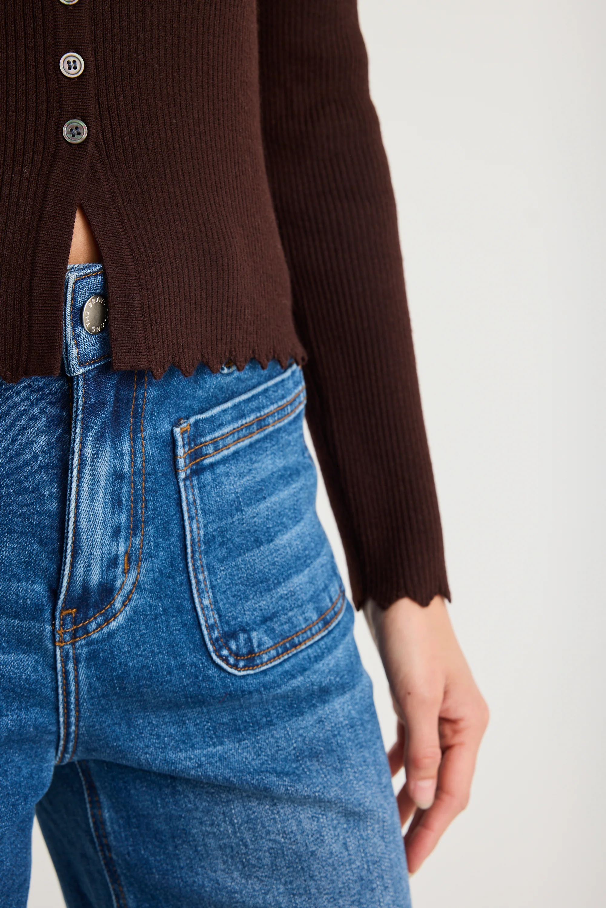 Ditto Chocolate Button Front Rib Knit Long Sleeve Top - Image 5