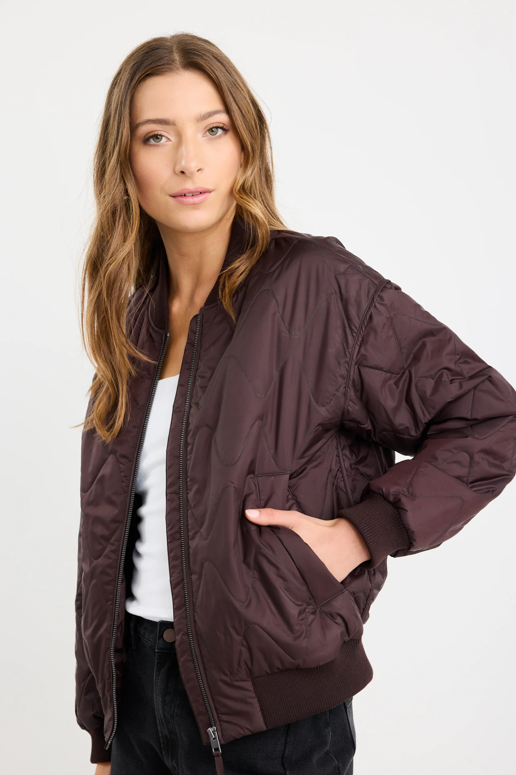 Division Chocolate Zip Front Puffer Bomber Jacket - Image 4