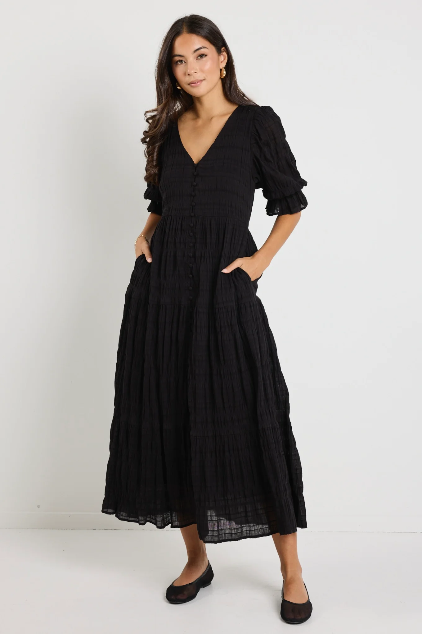 Dreamy Black Bubble SS Button Front Tiered Maxi Dress - Image 2