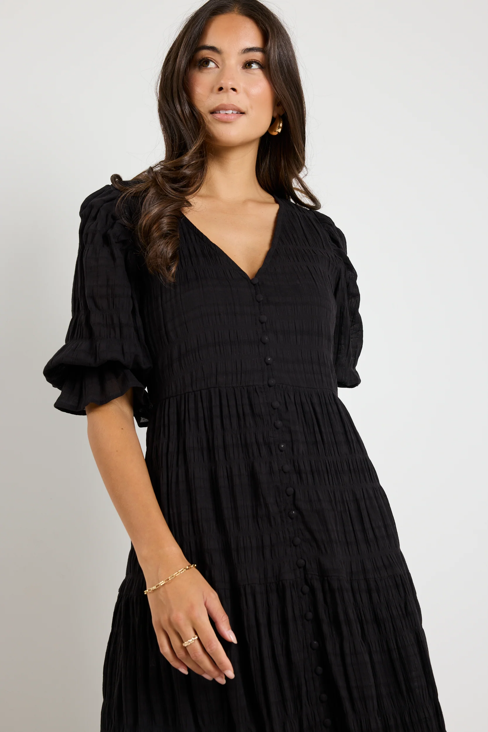 Dreamy Black Bubble SS Button Front Tiered Maxi Dress - Image 3