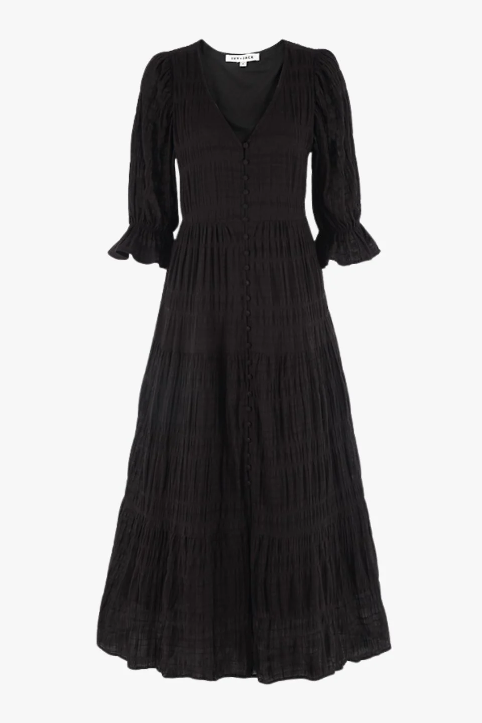 Dreamy Black Bubble SS Button Front Tiered Maxi Dress - Image 6