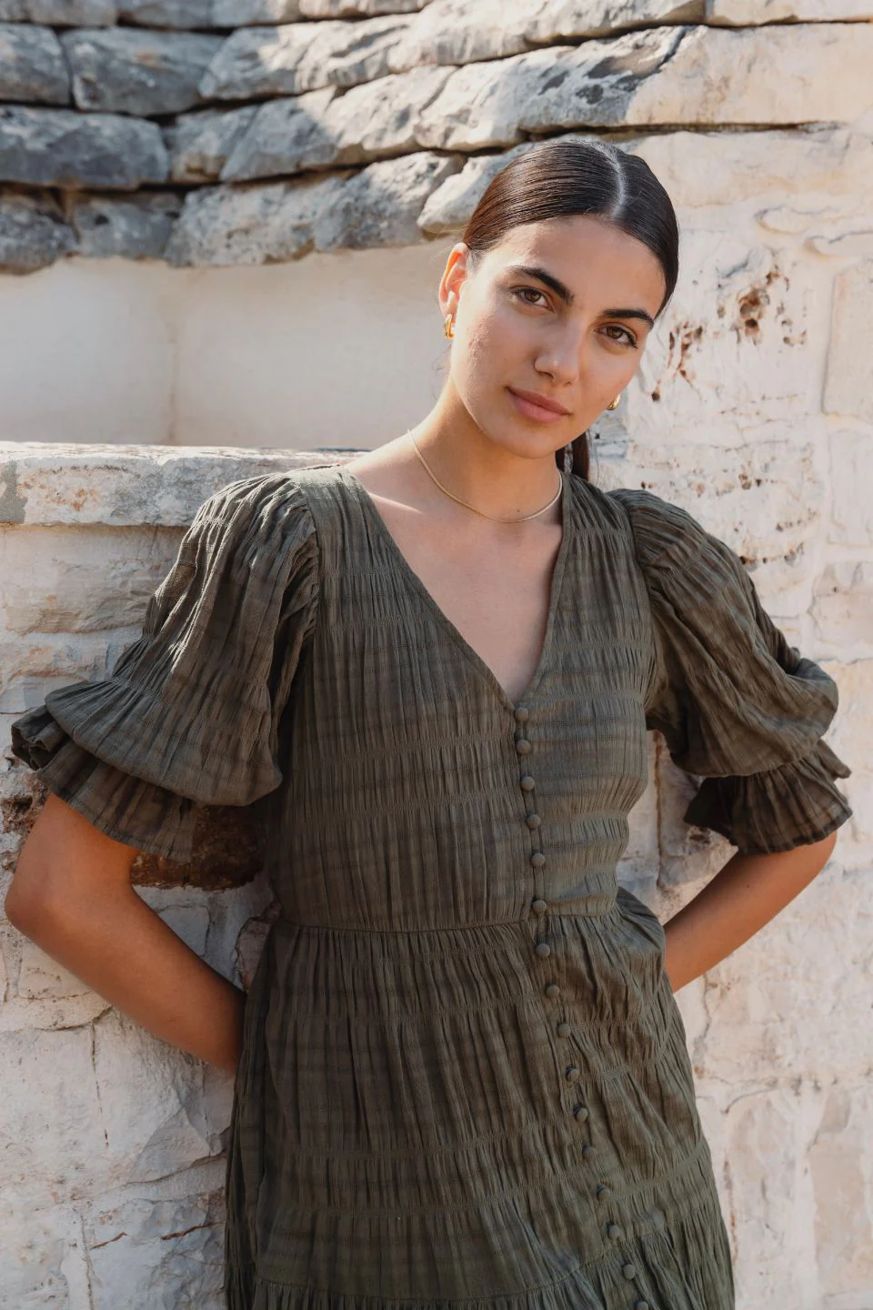 Dreamy Khaki Bubble SS Button Front Tiered Maxi Dress - Image 3