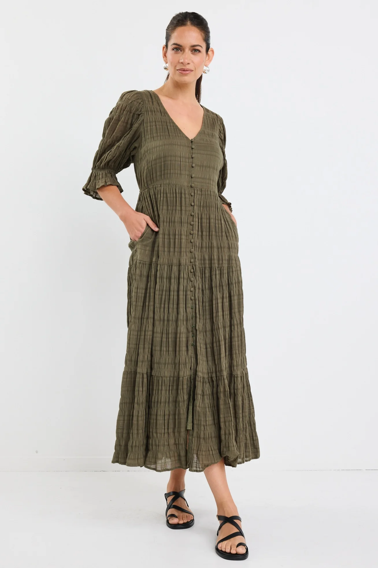 Dreamy Khaki Bubble SS Button Front Tiered Maxi Dress - Image 4