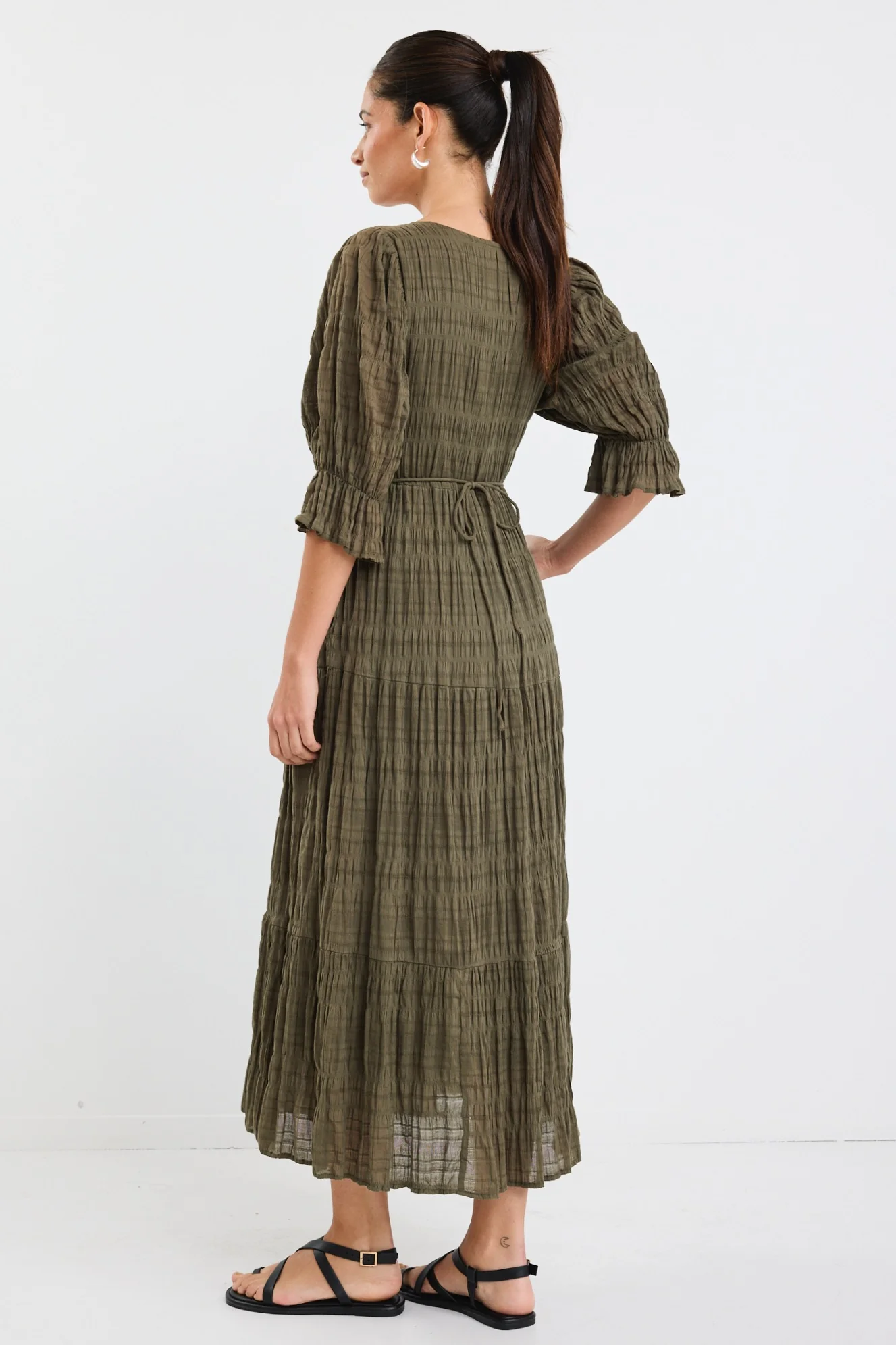 Dreamy Khaki Bubble SS Button Front Tiered Maxi Dress - Image 5