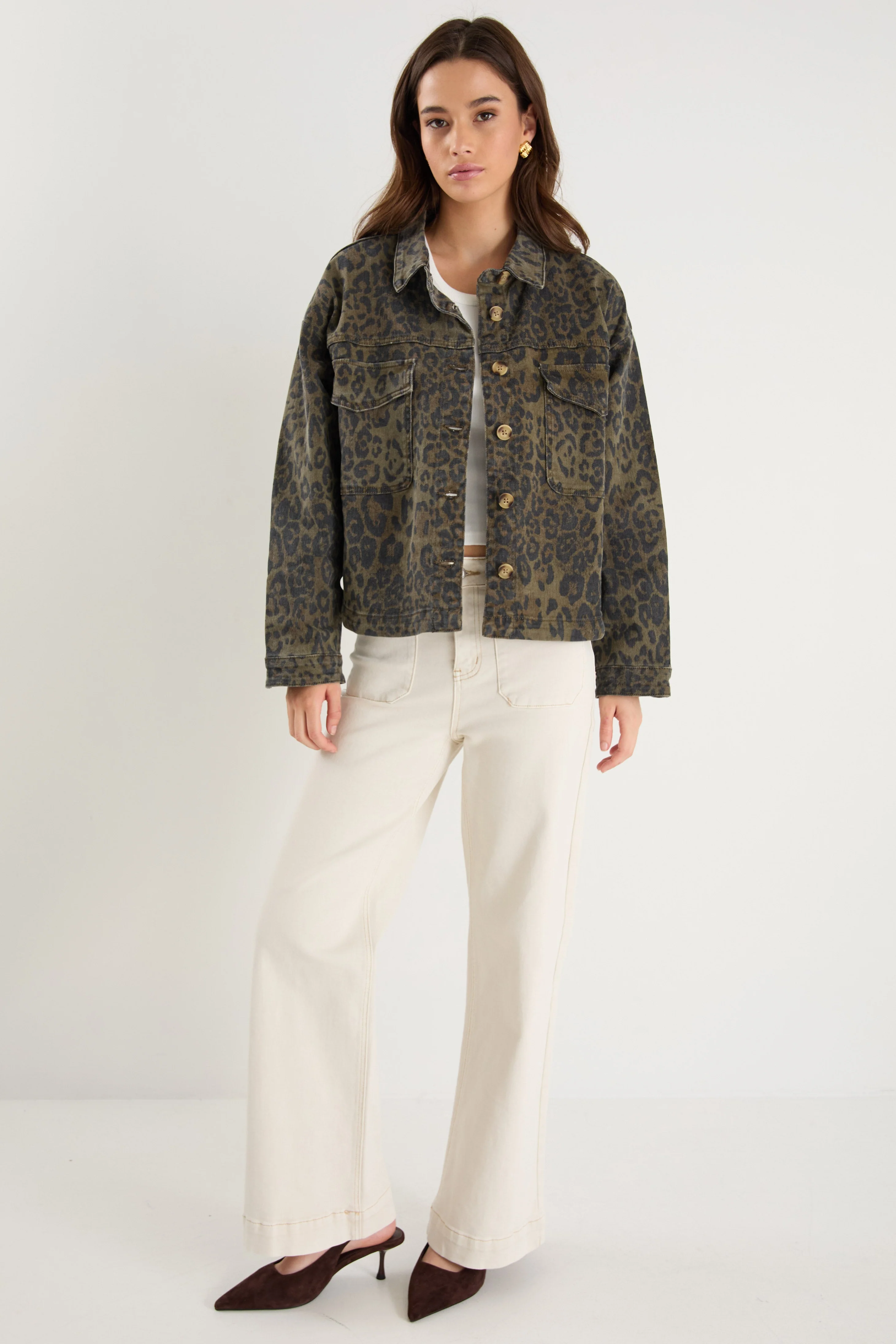 Echo Khaki Leopard Patch Pocket Denim Jacket - Image 2