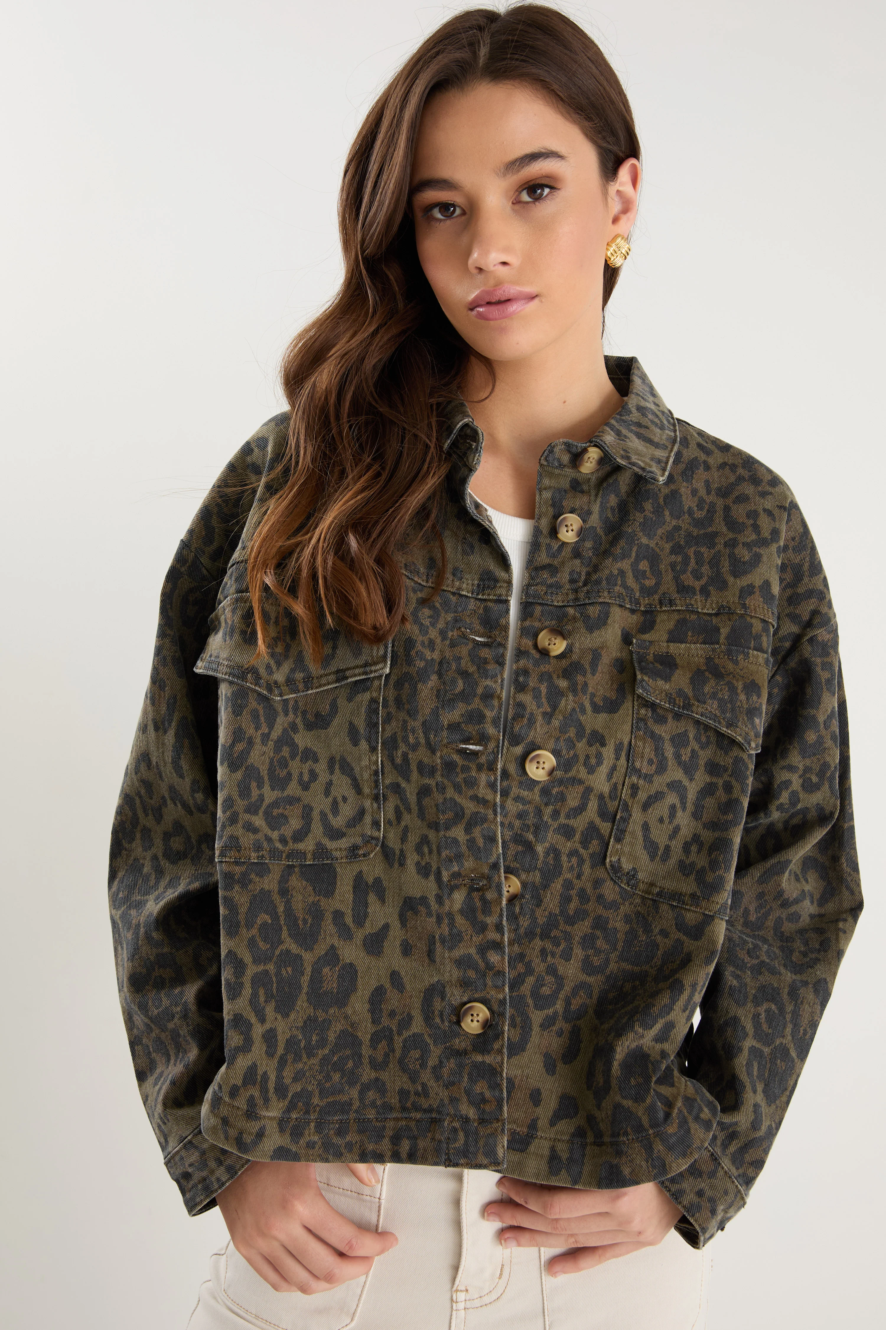 Echo Khaki Leopard Patch Pocket Denim Jacket - Image 3