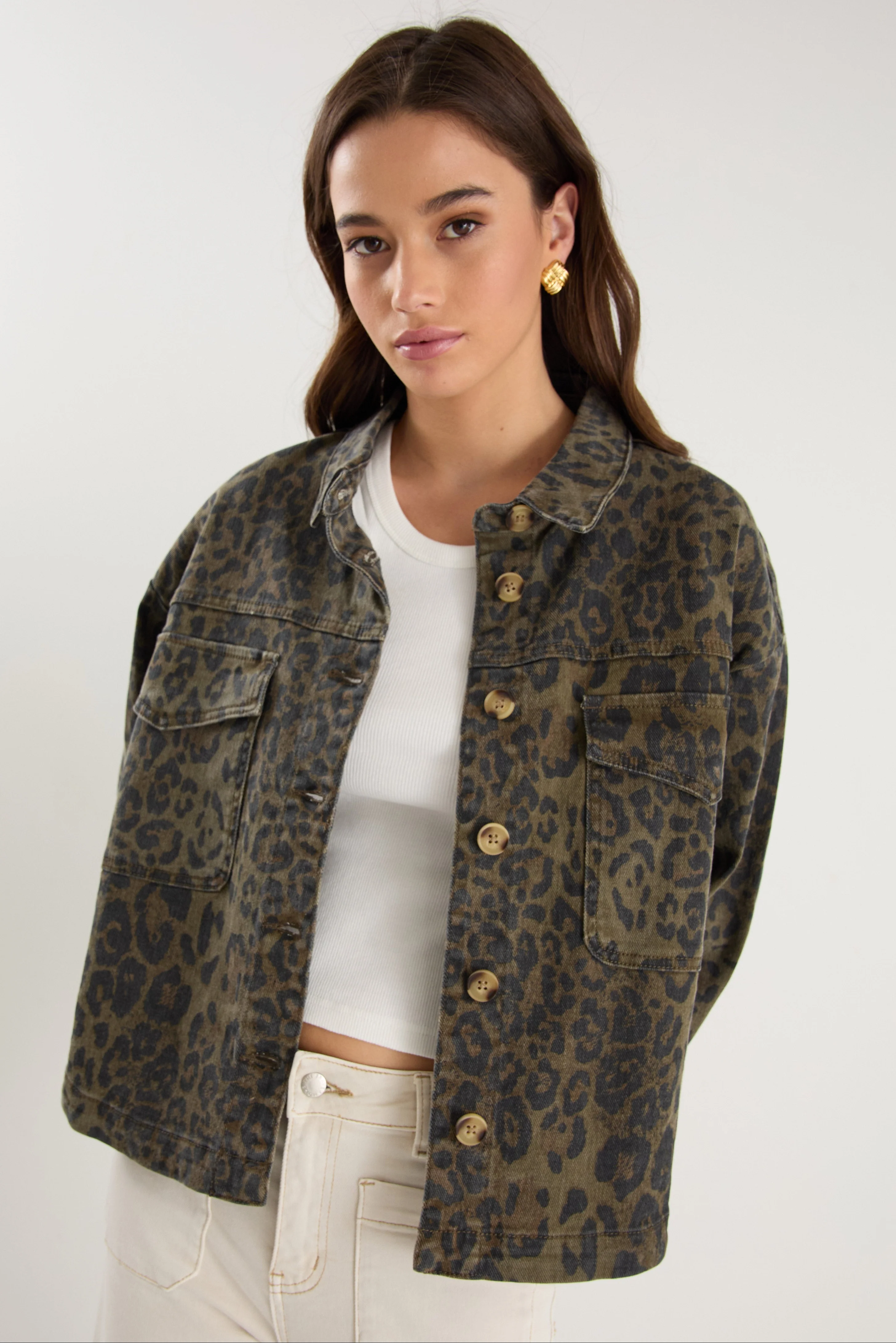 Echo Khaki Leopard Patch Pocket Denim Jacket - Image 6