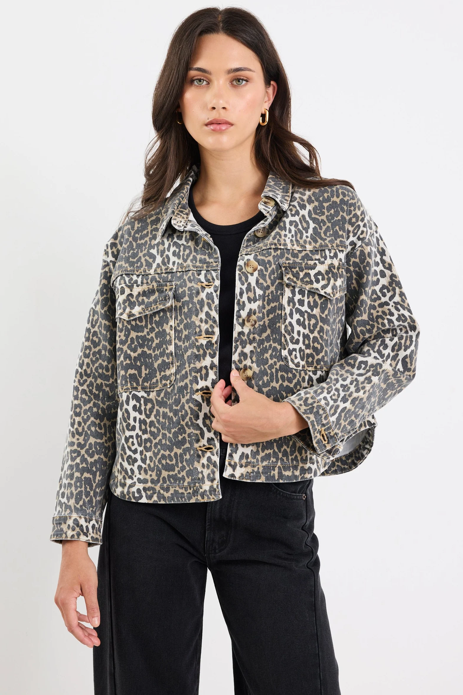 Echo Leopard Print Patch Pocket Denim Jacket
