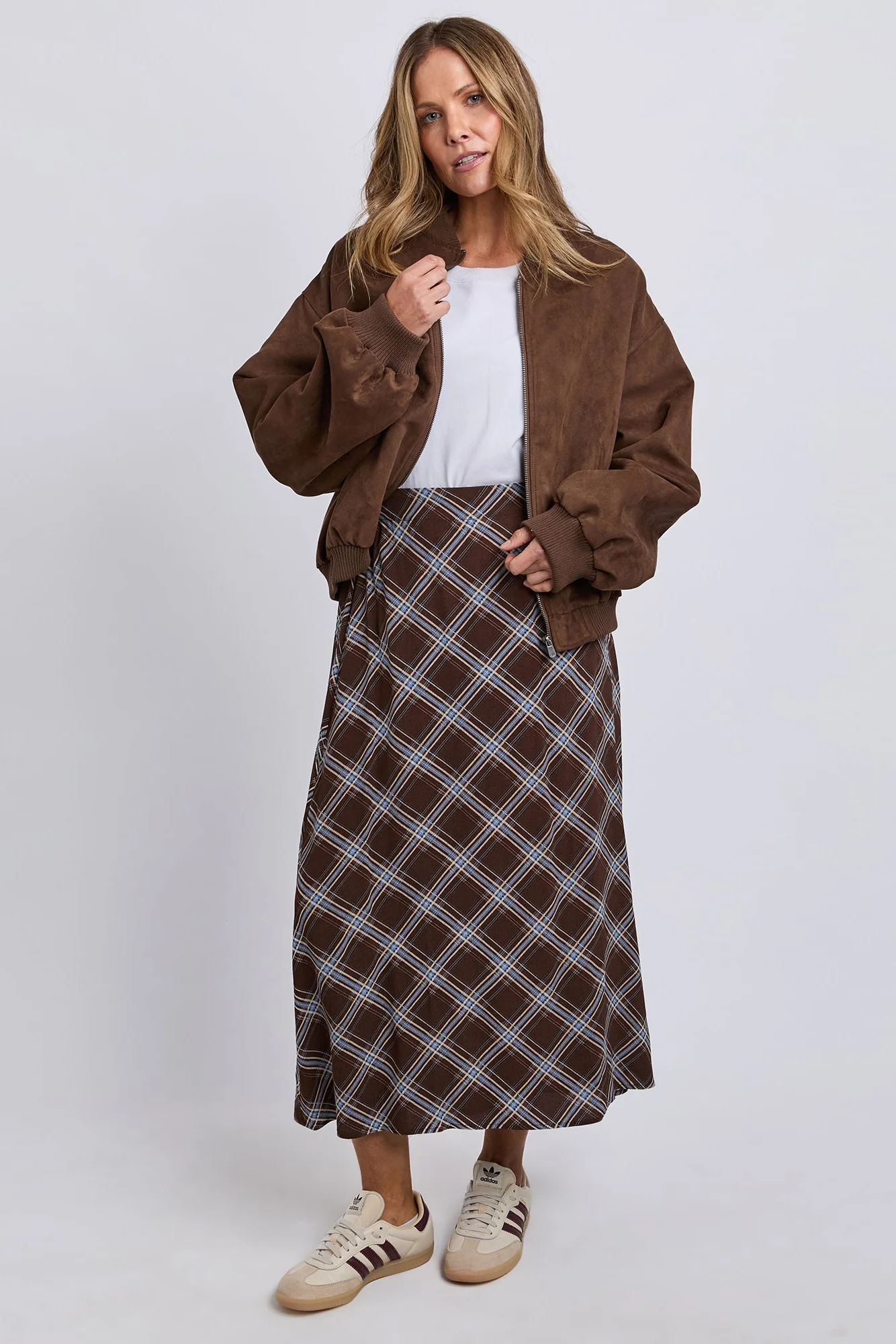 Edison Chocolate Check Bias Midi Skirt