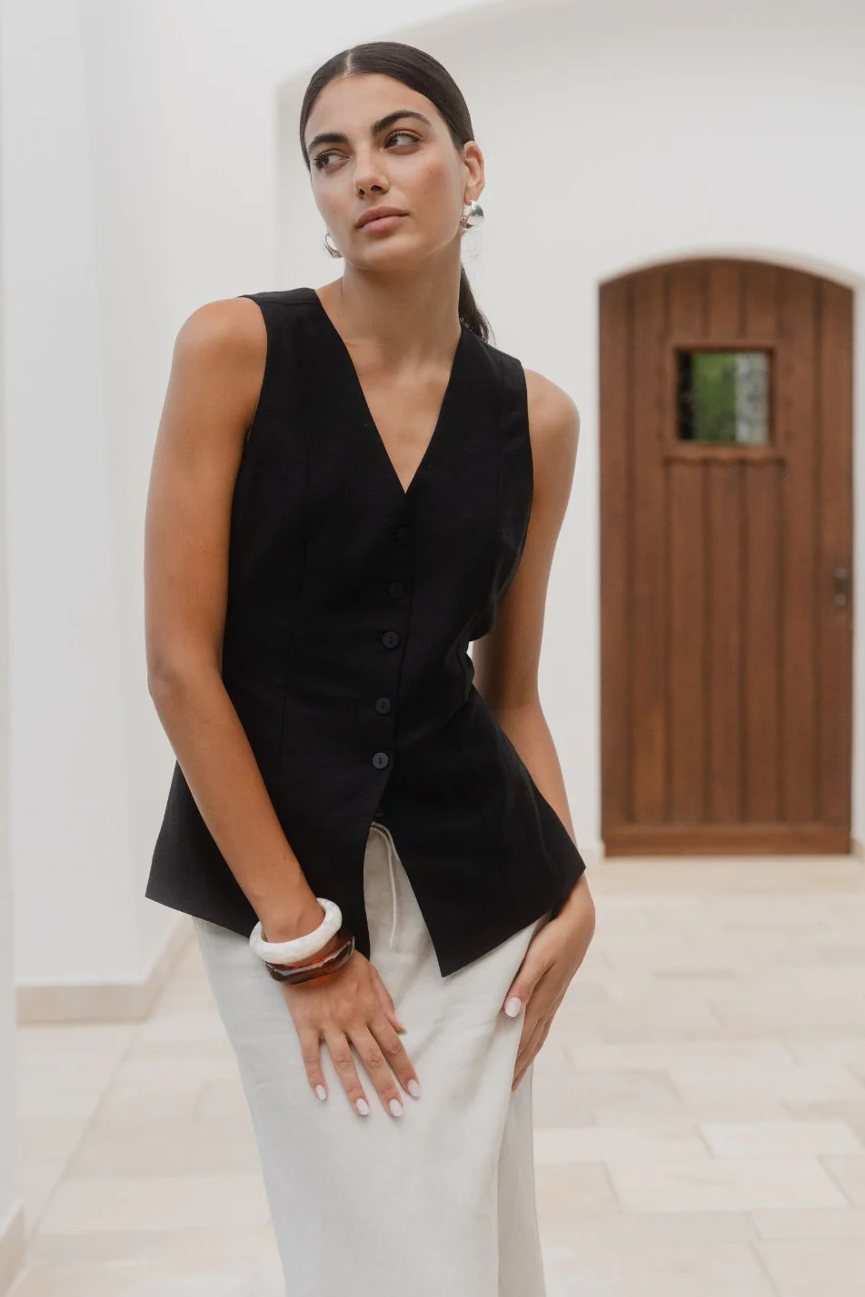 Eiffel Black Linen Viscose Fitted Longline Vest