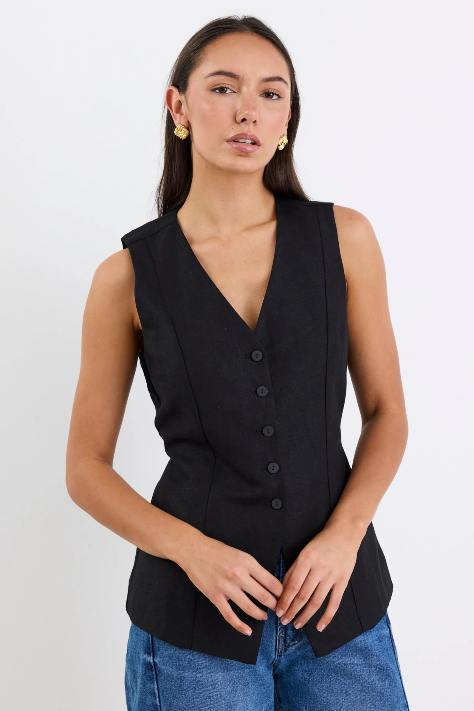 Eiffel Black Linen Viscose Fitted Longline Vest - Image 2