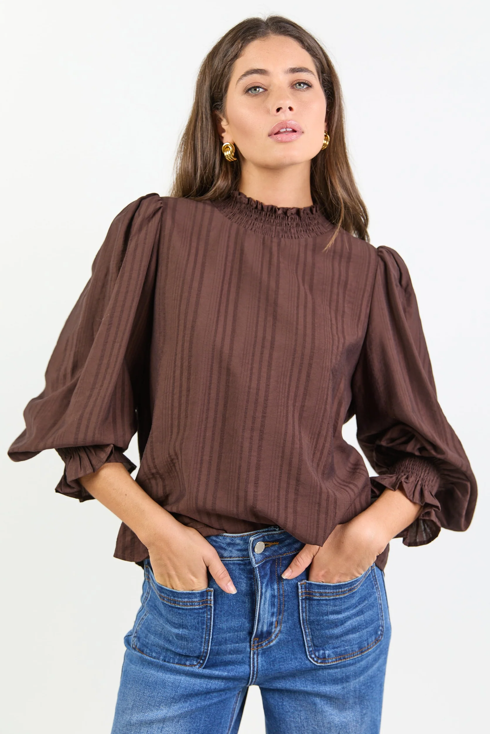 Embrace Chocolate Self Stripe Shirred Neck LS Top