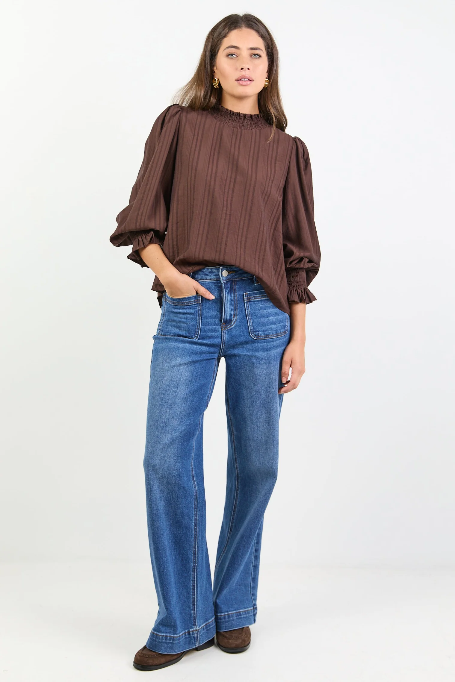 Embrace Chocolate Self Stripe Shirred Neck LS Top - Image 2