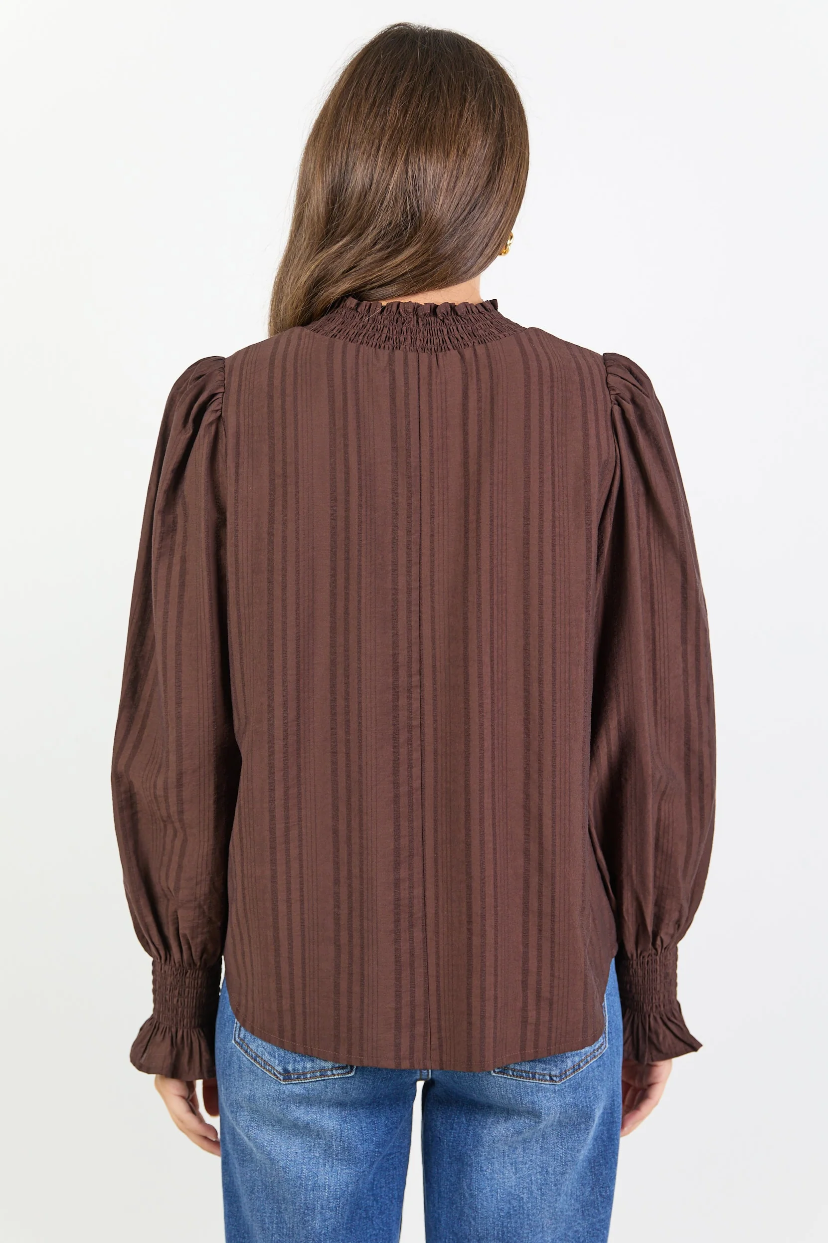 Embrace Chocolate Self Stripe Shirred Neck LS Top - Image 4