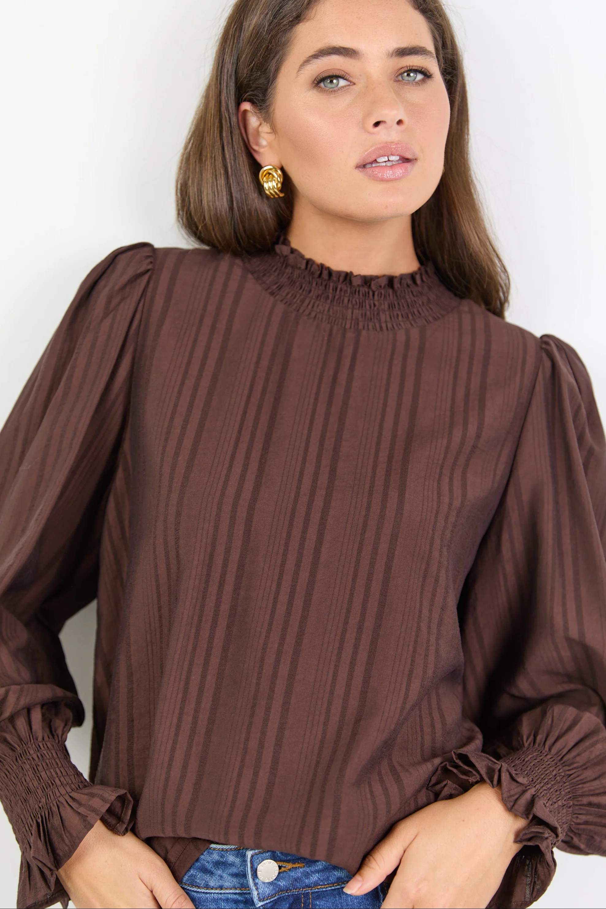 Embrace Chocolate Self Stripe Shirred Neck LS Top - Image 5