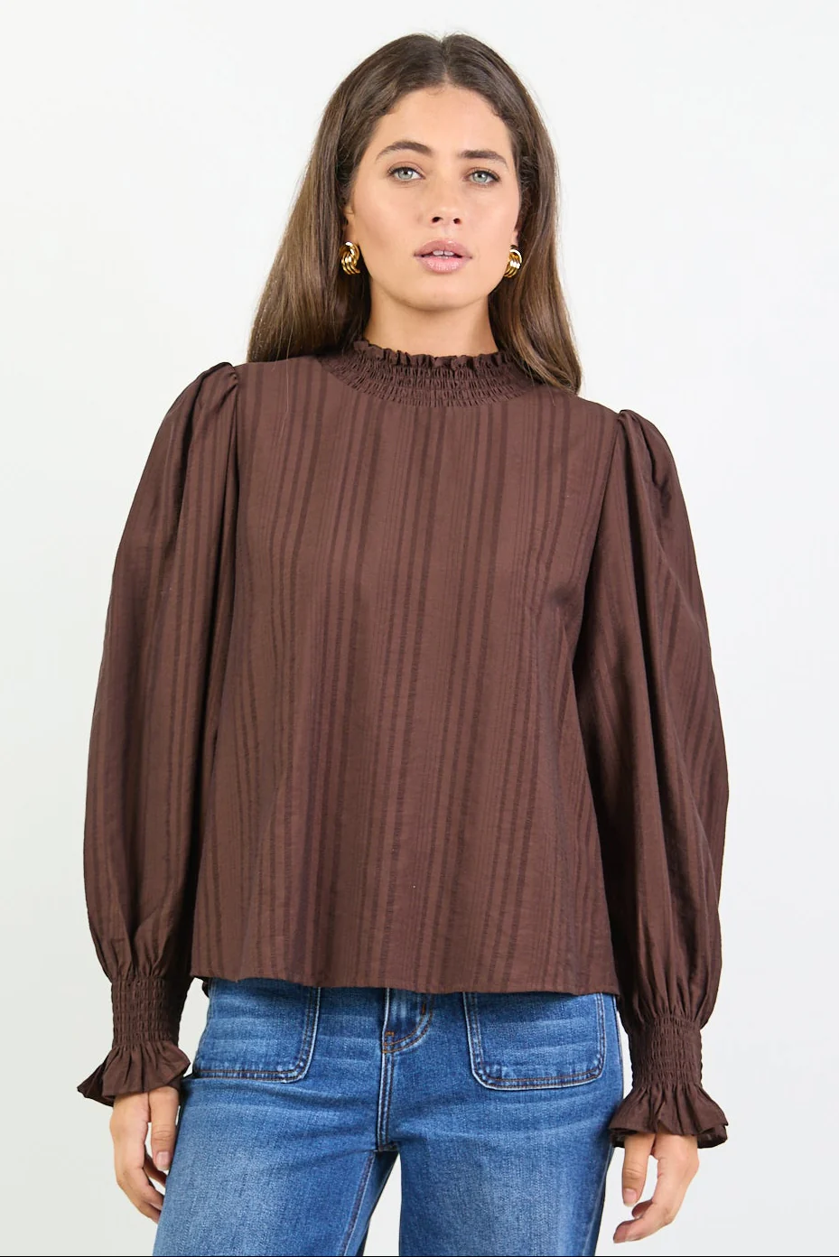 Embrace Chocolate Self Stripe Shirred Neck LS Top - Image 6