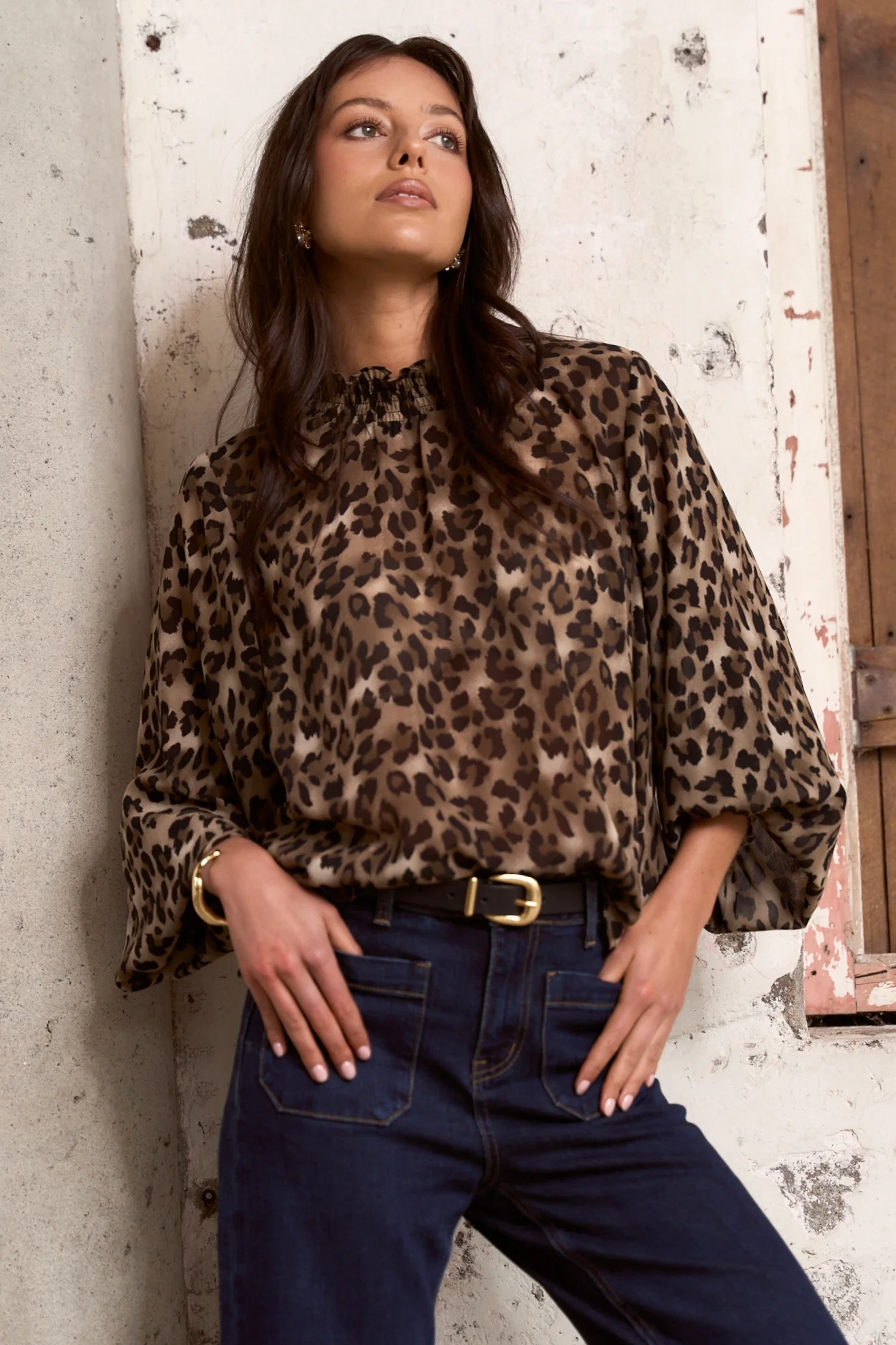 Embrace Leopard Georgette High Neck LS Top