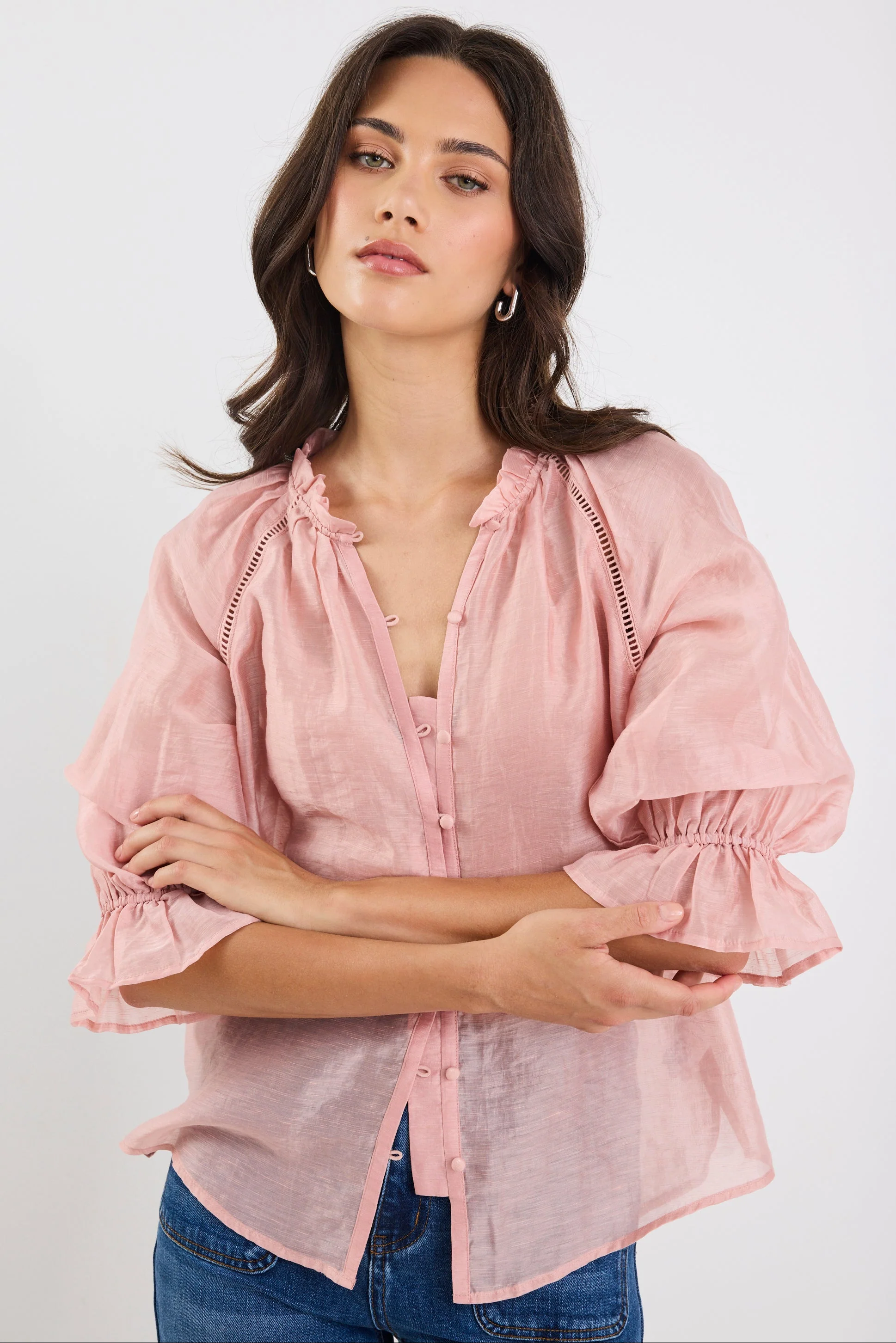 Encounter Blush Textured SS Gathered Button Front Top - Image 2