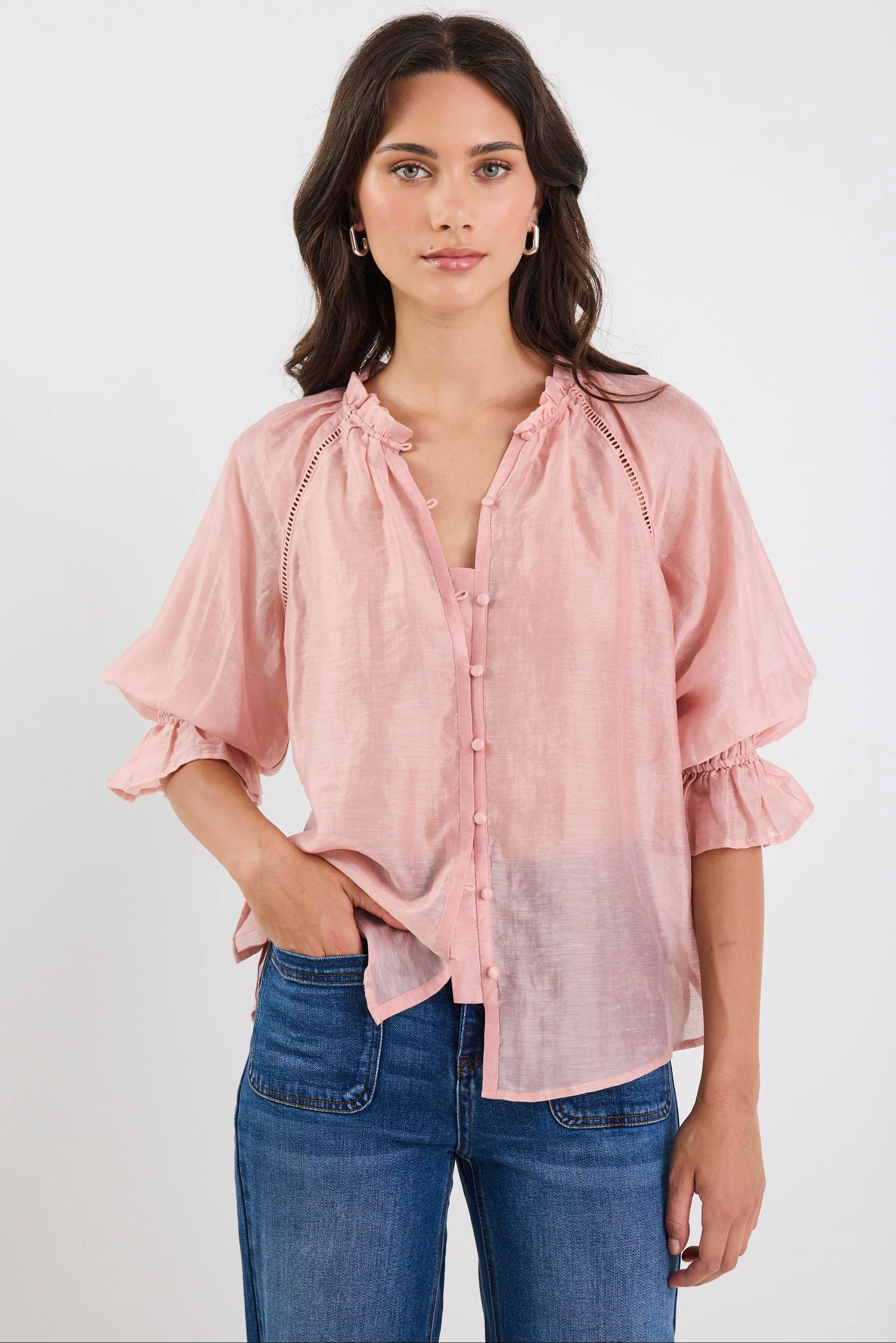 Encounter Blush Textured SS Gathered Button Front Top - Image 3