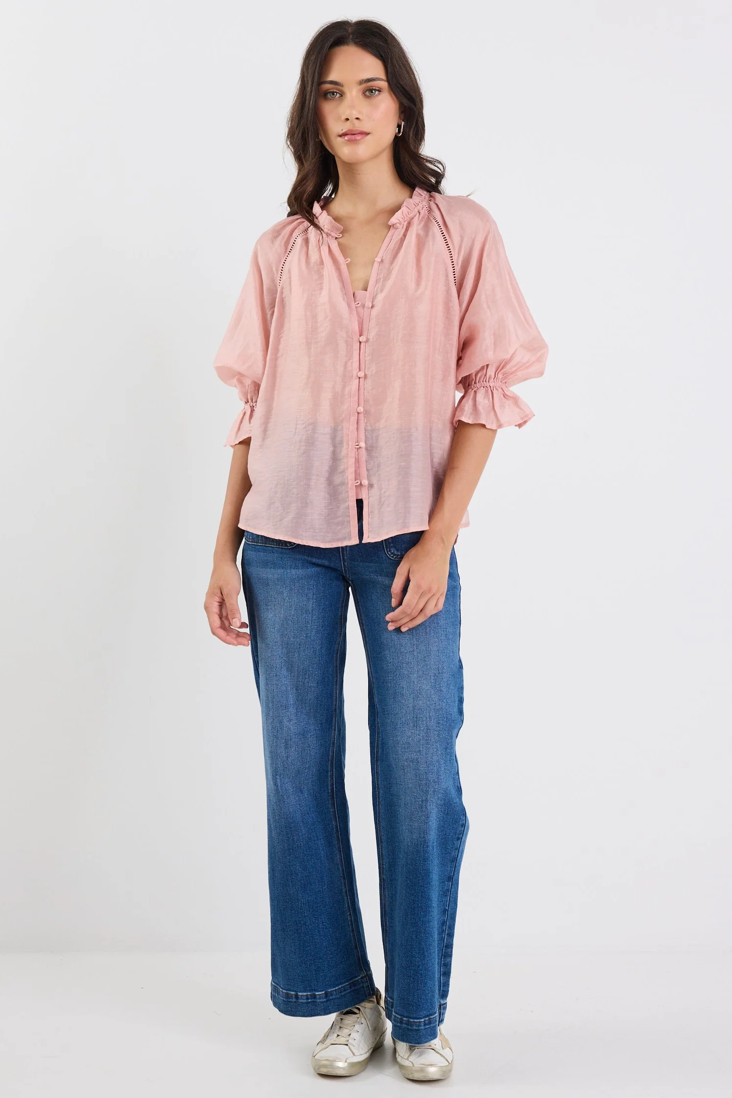 Encounter Blush Textured SS Gathered Button Front Top - Image 4