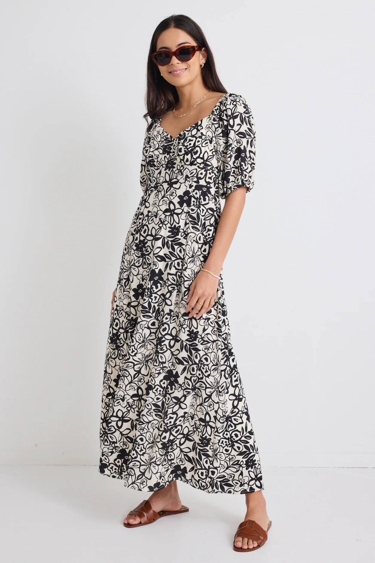 Endearing Cream & Black Floral Smocked Bodice SS Midi Dress - Image 3