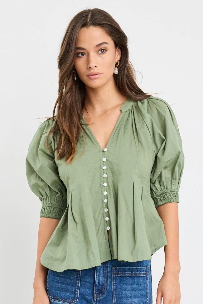 Esteem Moss Pleated SS Button Through Top - Image 2