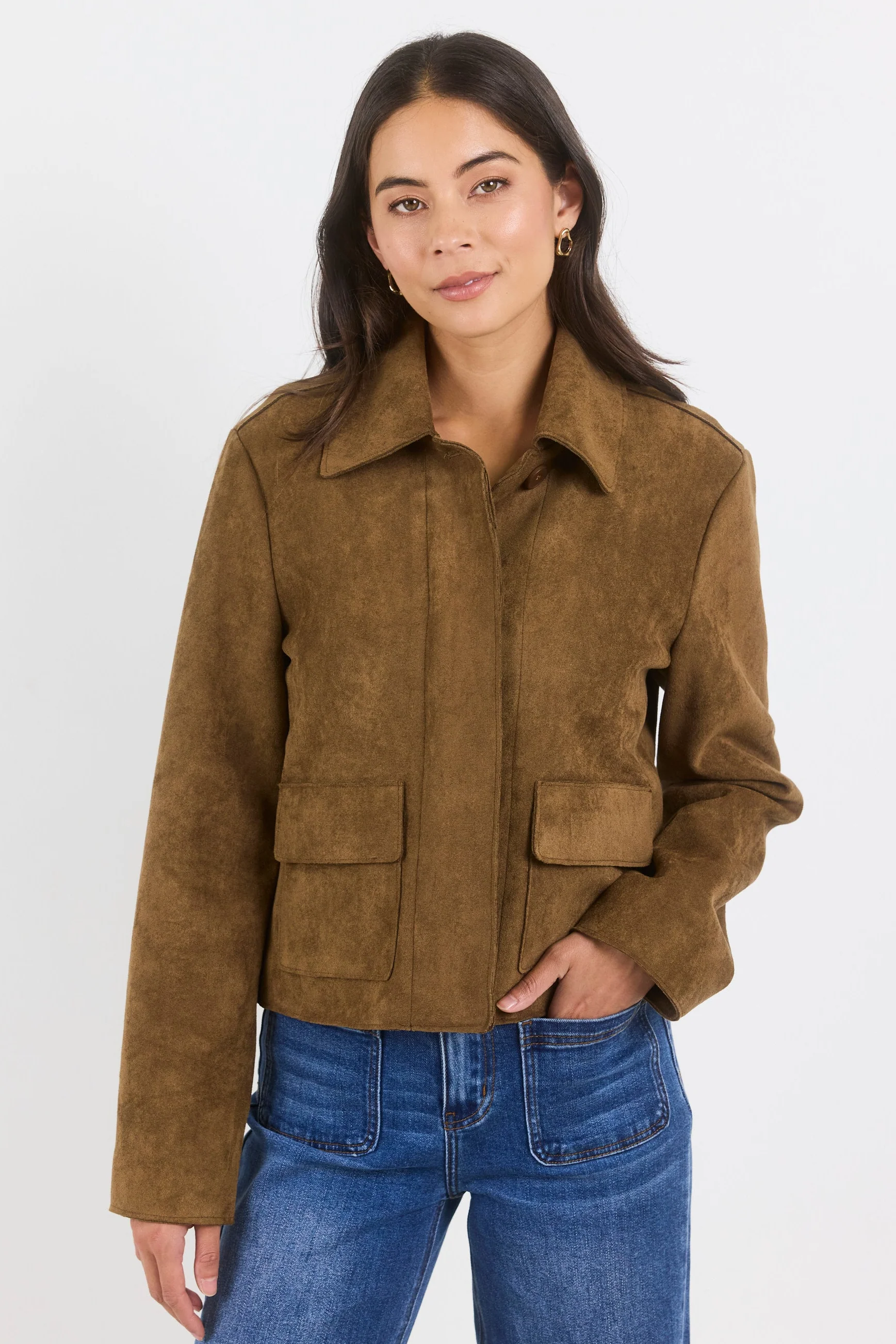 Exhibit Cinnamon Faux Suede Button Front Cropped Jacket - Image 3