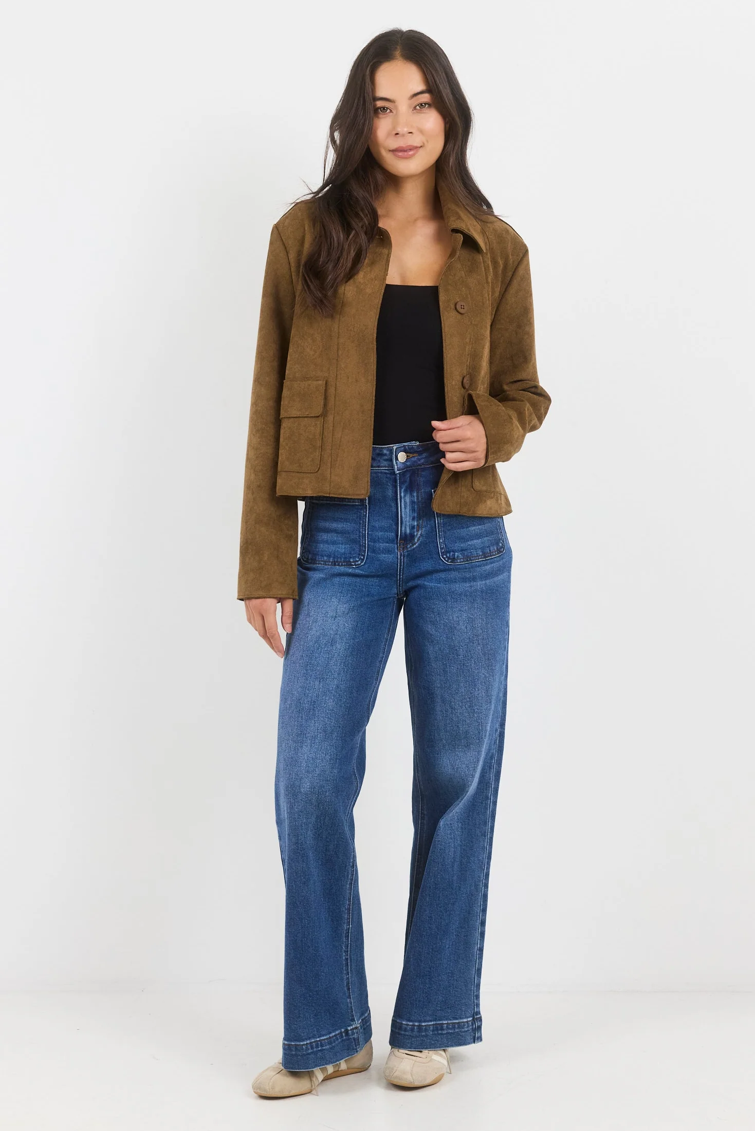 Exhibit Cinnamon Faux Suede Button Front Cropped Jacket - Image 4