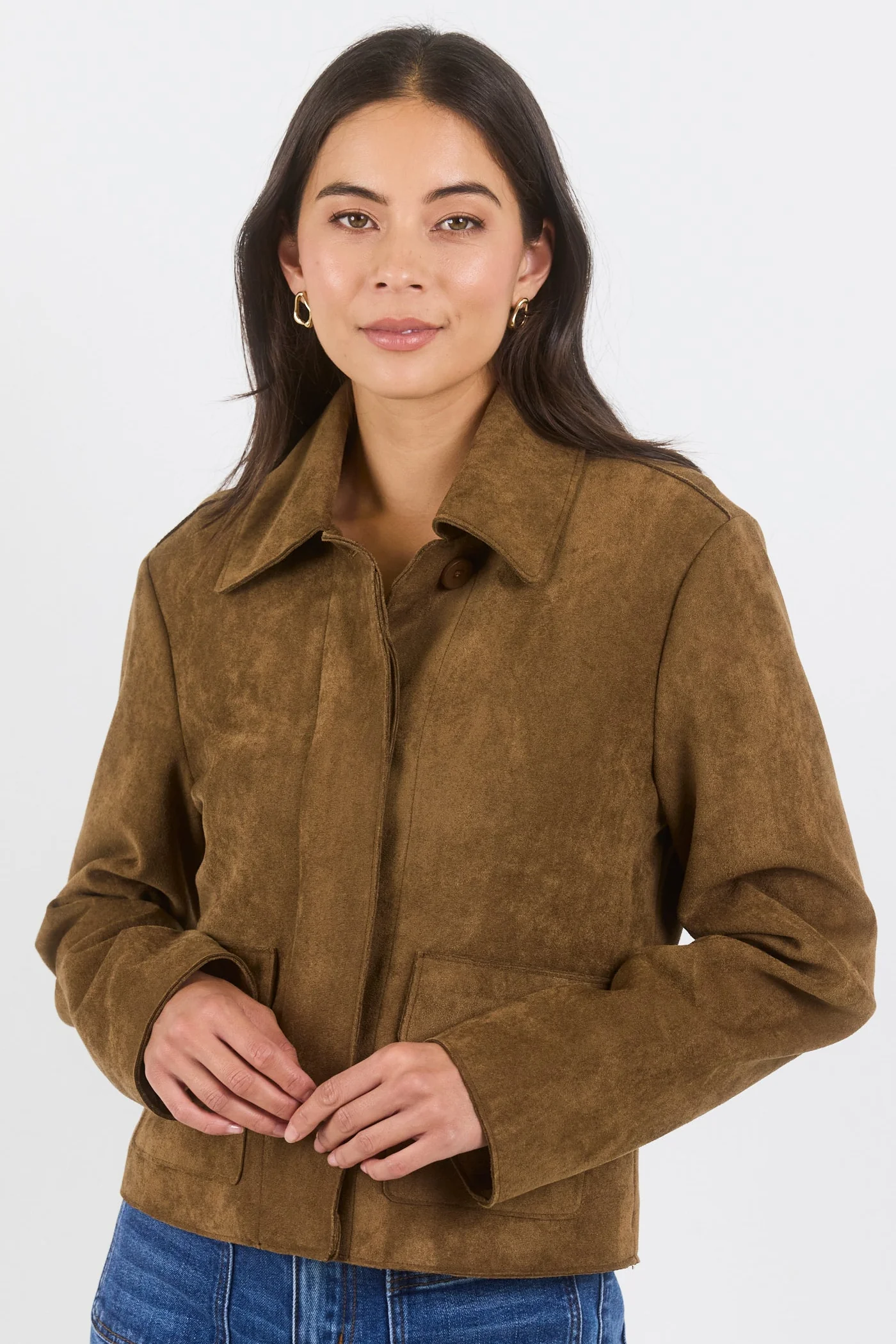 Exhibit Cinnamon Faux Suede Button Front Cropped Jacket - Image 5