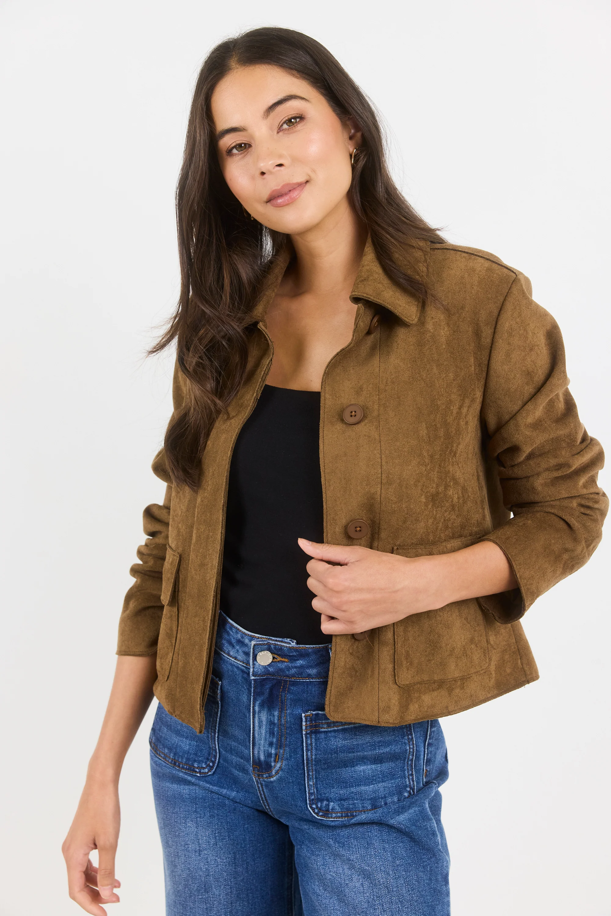 Exhibit Cinnamon Faux Suede Button Front Cropped Jacket - Image 7