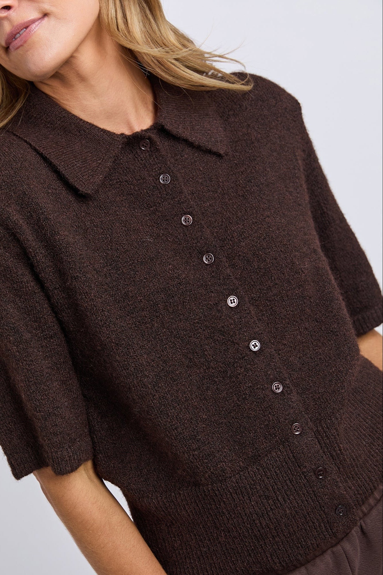 Fernie Coffee Bean Button Through Knit Tee - Image 2