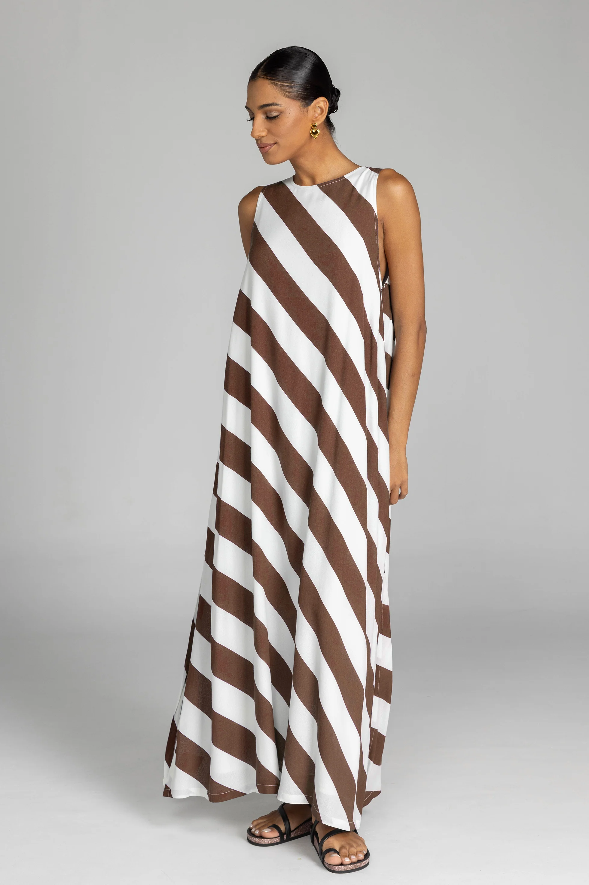 Finally Here Chocolate White Diagonal Stripe Sleeveless Maxi Dress - Image 2