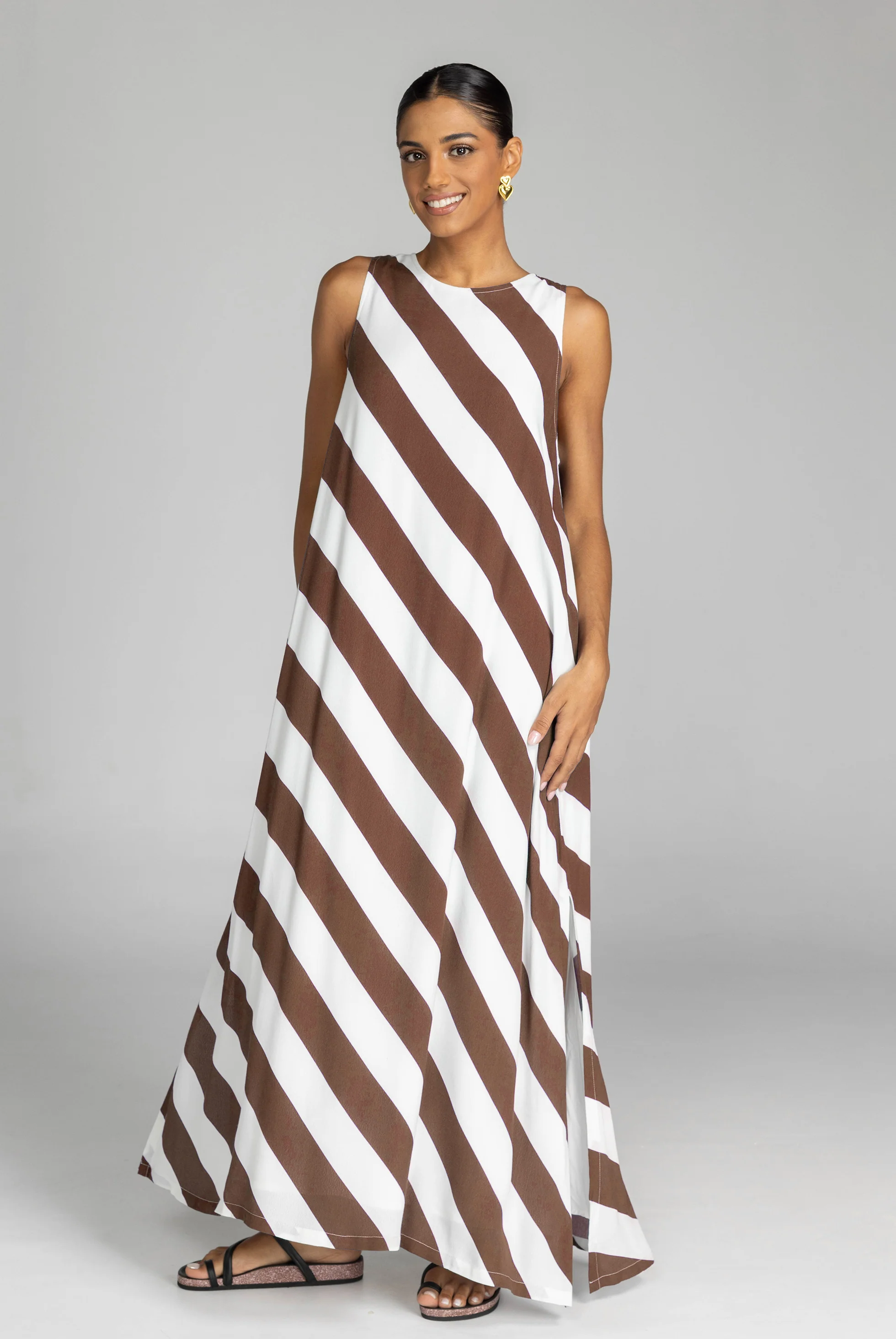 Finally Here Chocolate White Diagonal Stripe Sleeveless Maxi Dress - Image 3