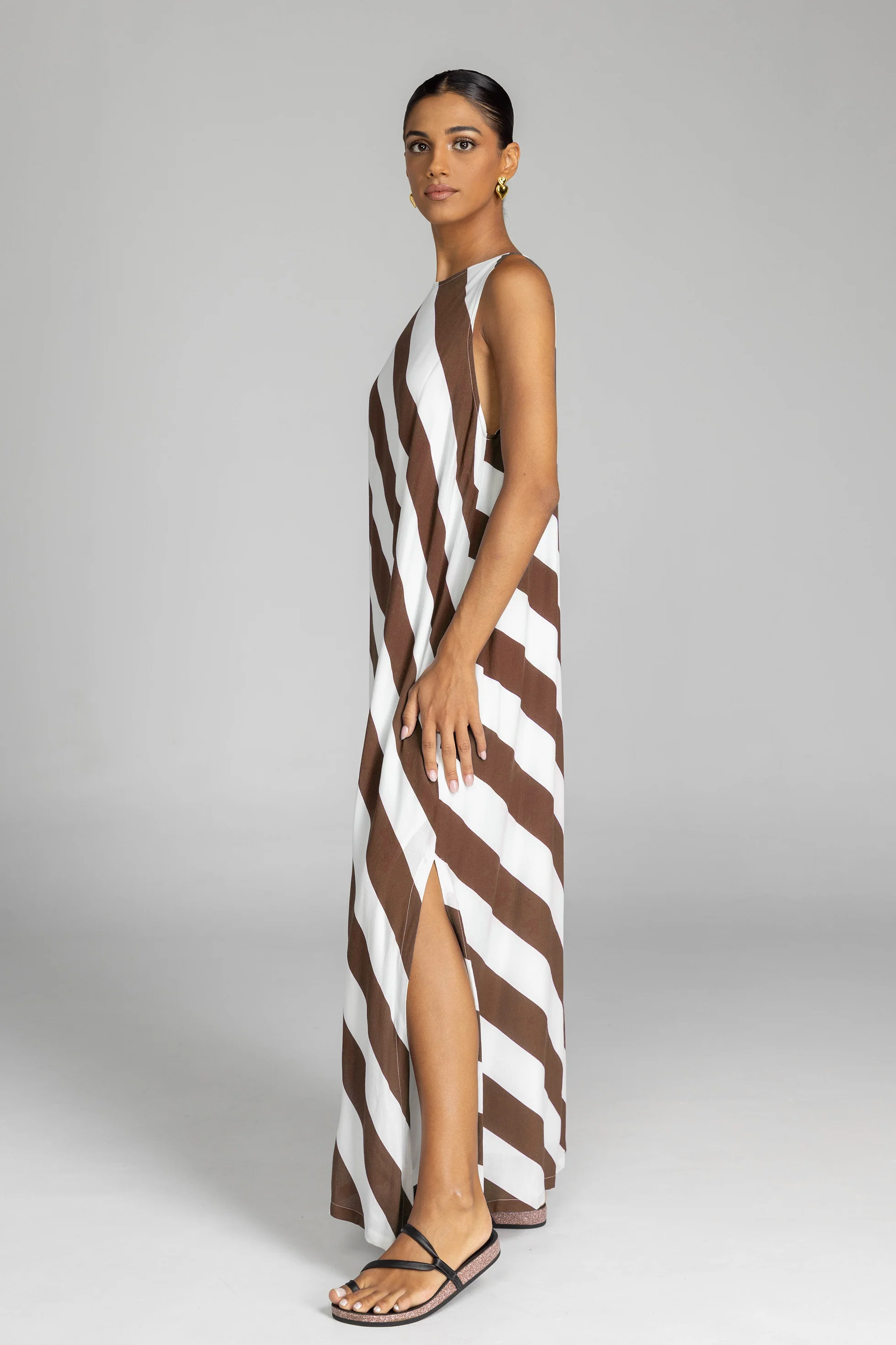 Finally Here Chocolate White Diagonal Stripe Sleeveless Maxi Dress - Image 4