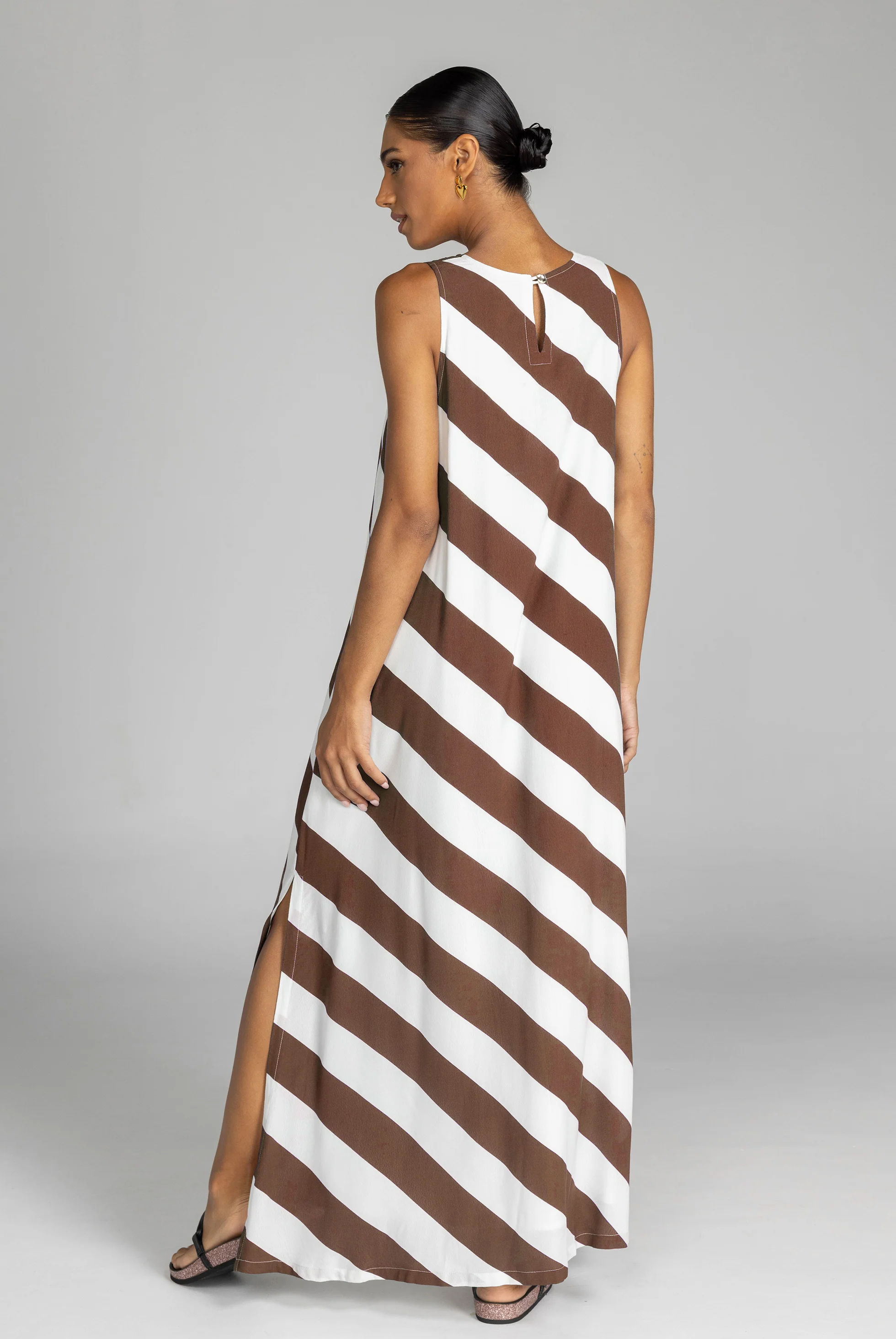 Finally Here Chocolate White Diagonal Stripe Sleeveless Maxi Dress - Image 5