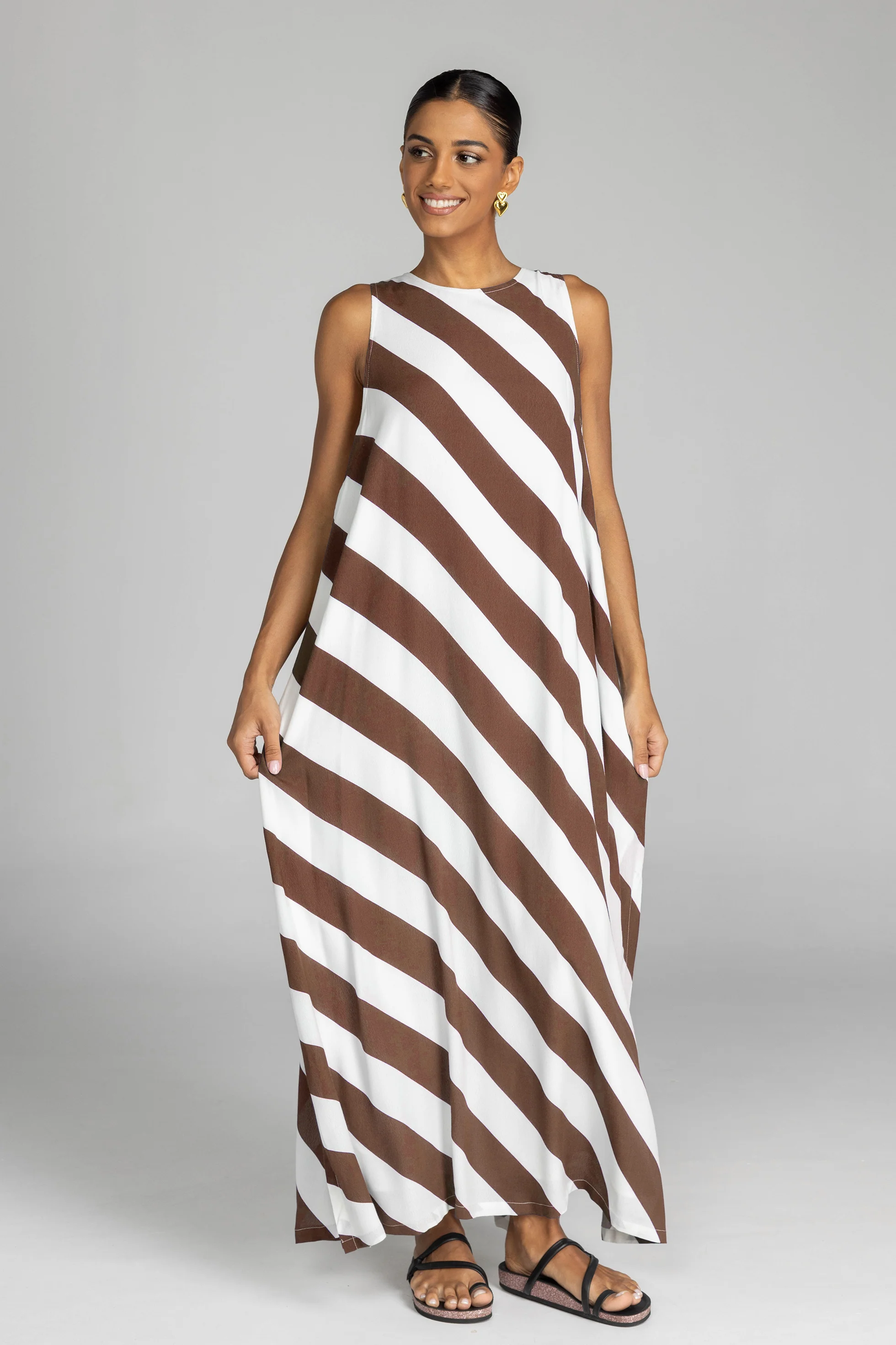 Finally Here Chocolate White Diagonal Stripe Sleeveless Maxi Dress - Image 6