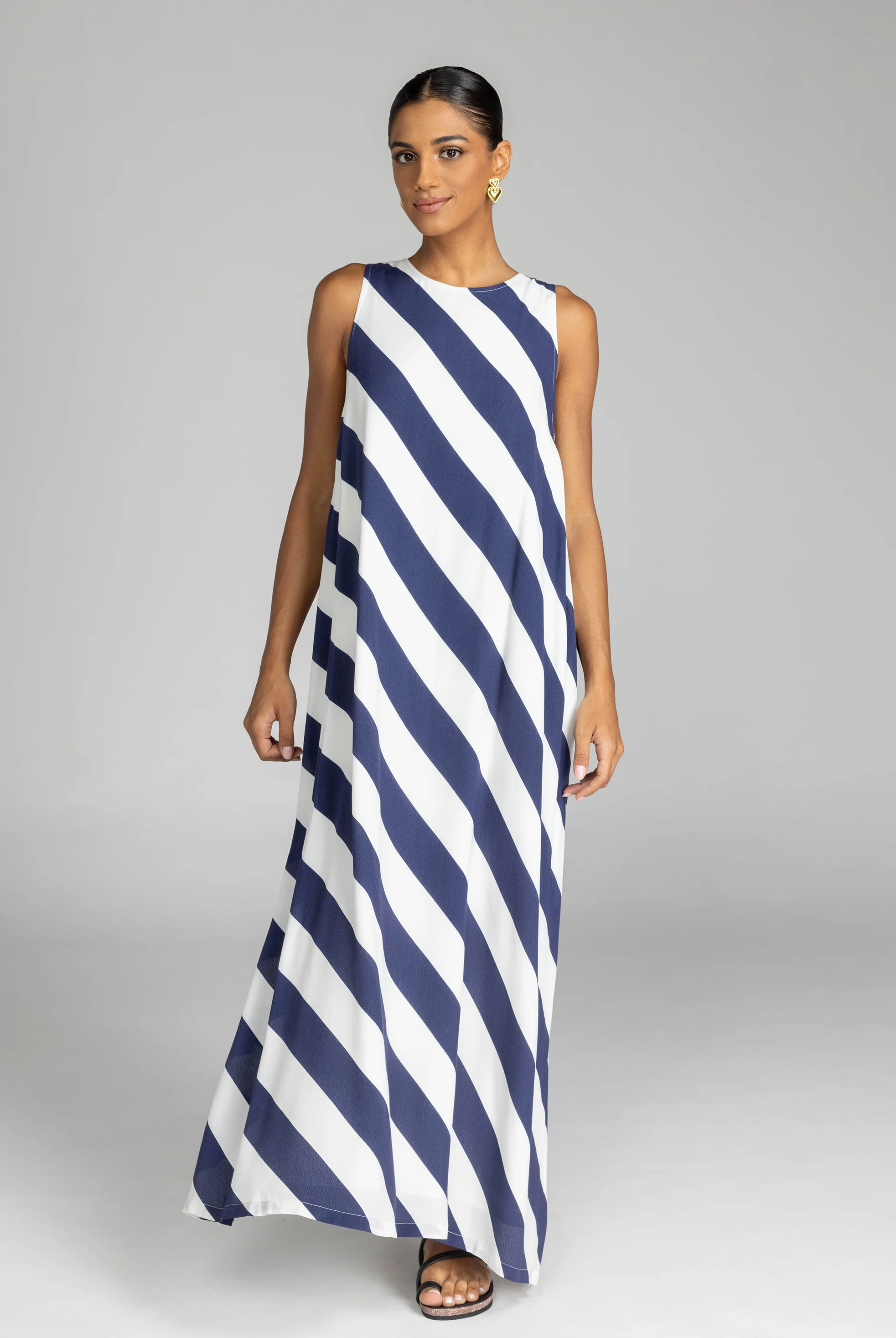 Finally Here Navy White Diagonal Stripe Sleeveless Maxi Dress