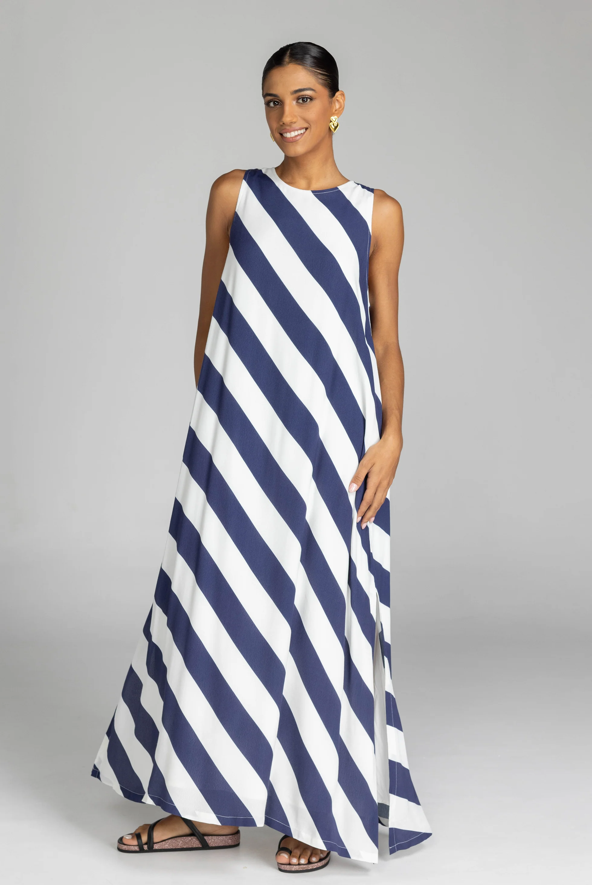Finally Here Navy White Diagonal Stripe Sleeveless Maxi Dress - Image 2