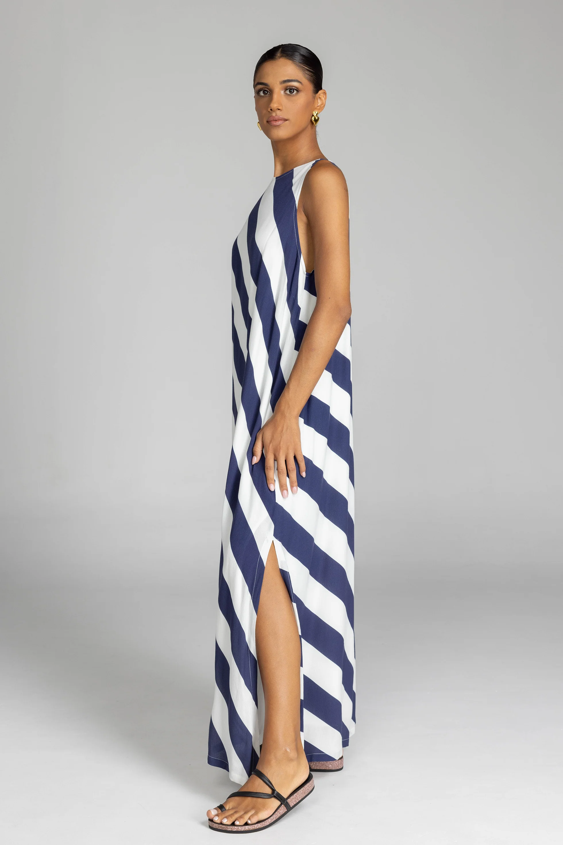 Finally Here Navy White Diagonal Stripe Sleeveless Maxi Dress - Image 4