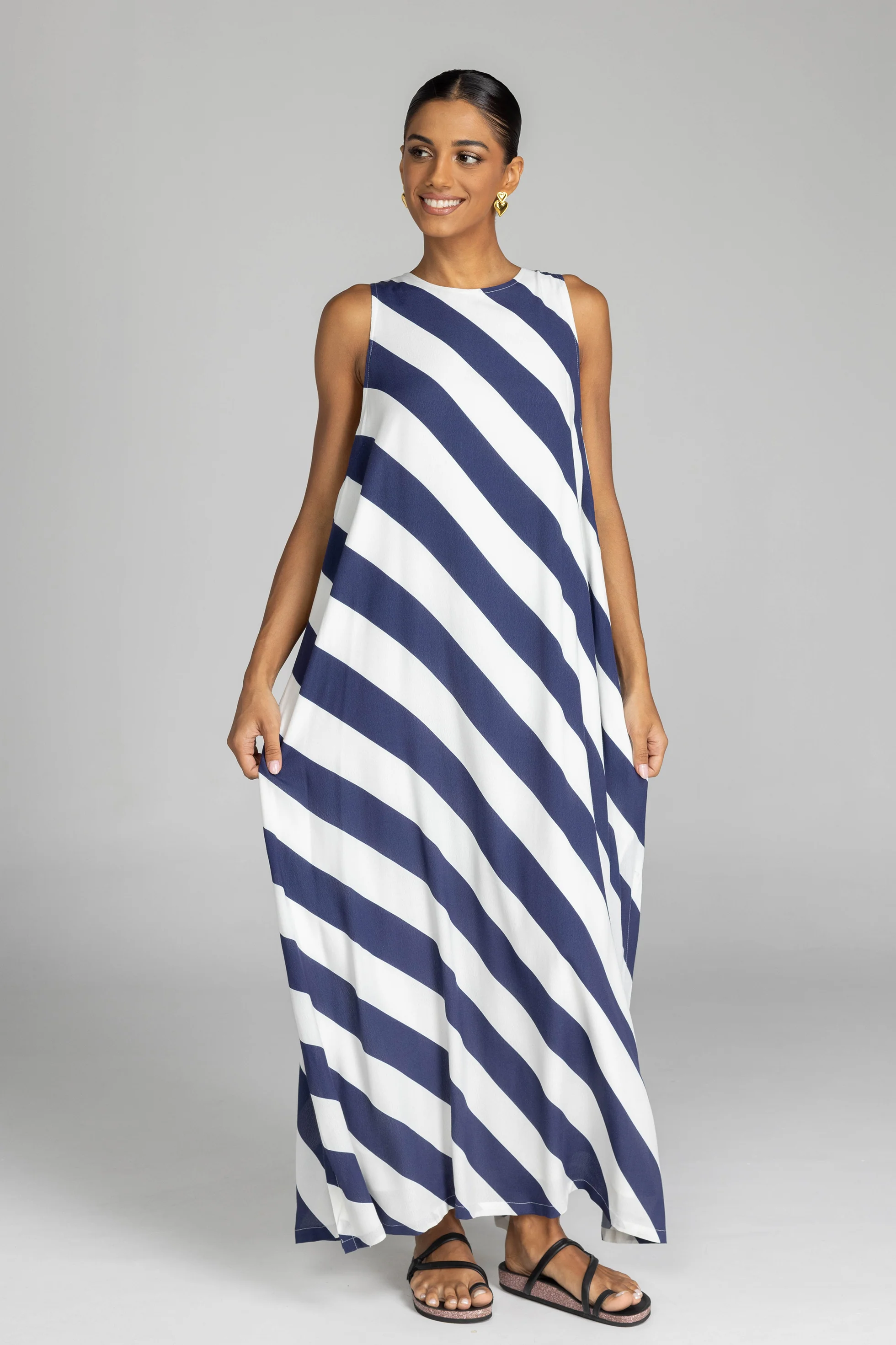 Finally Here Navy White Diagonal Stripe Sleeveless Maxi Dress - Image 6